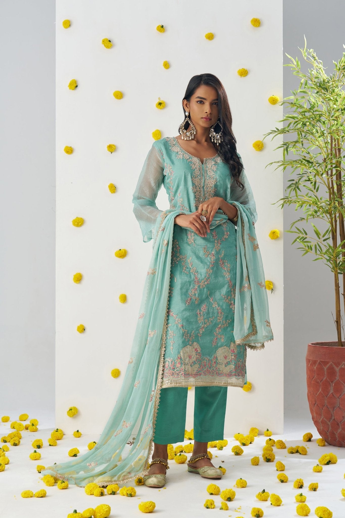 Superb Sea Green Chiffon Embroidered Salwar Suit - Mangaldeep NX