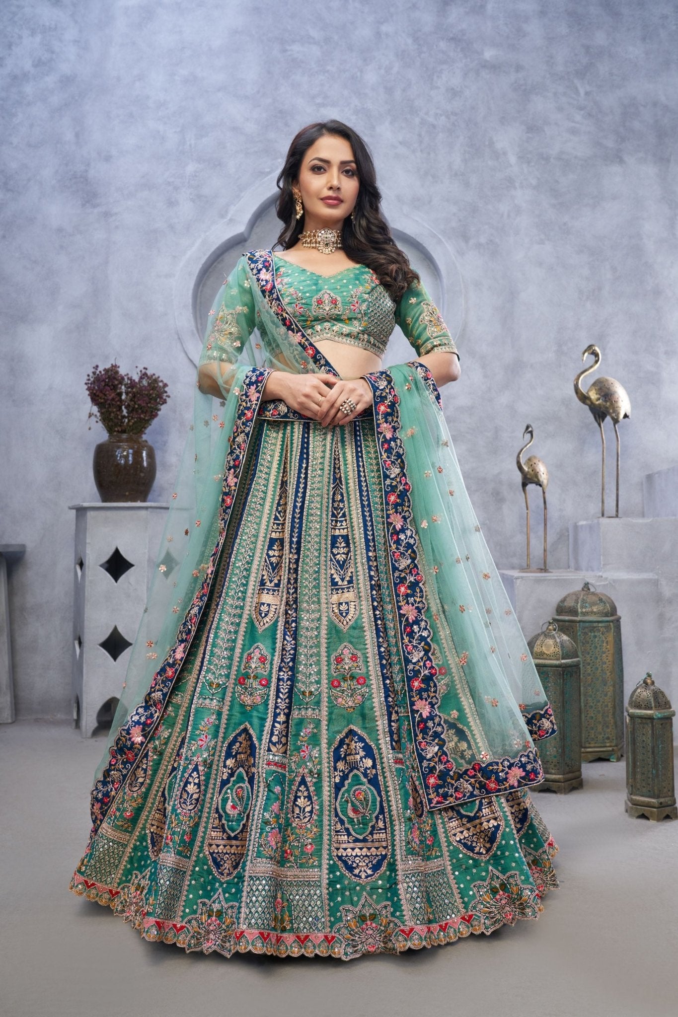 Superb Sea Green Embroidered A - Line Lehenga Choli with Heavy Handwork - Mangaldeep NX