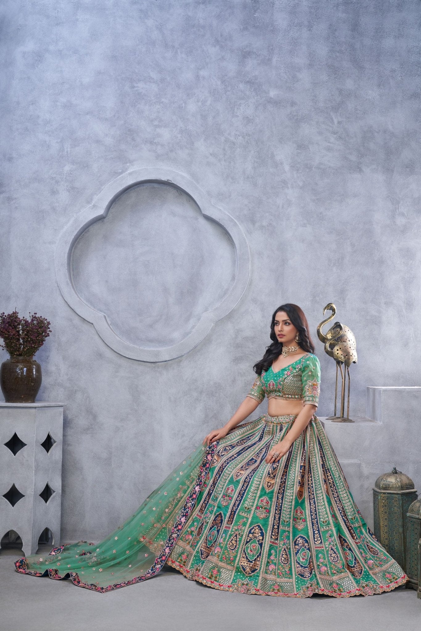 Superb Sea Green Embroidered A - Line Lehenga Choli with Heavy Handwork - Mangaldeep NX