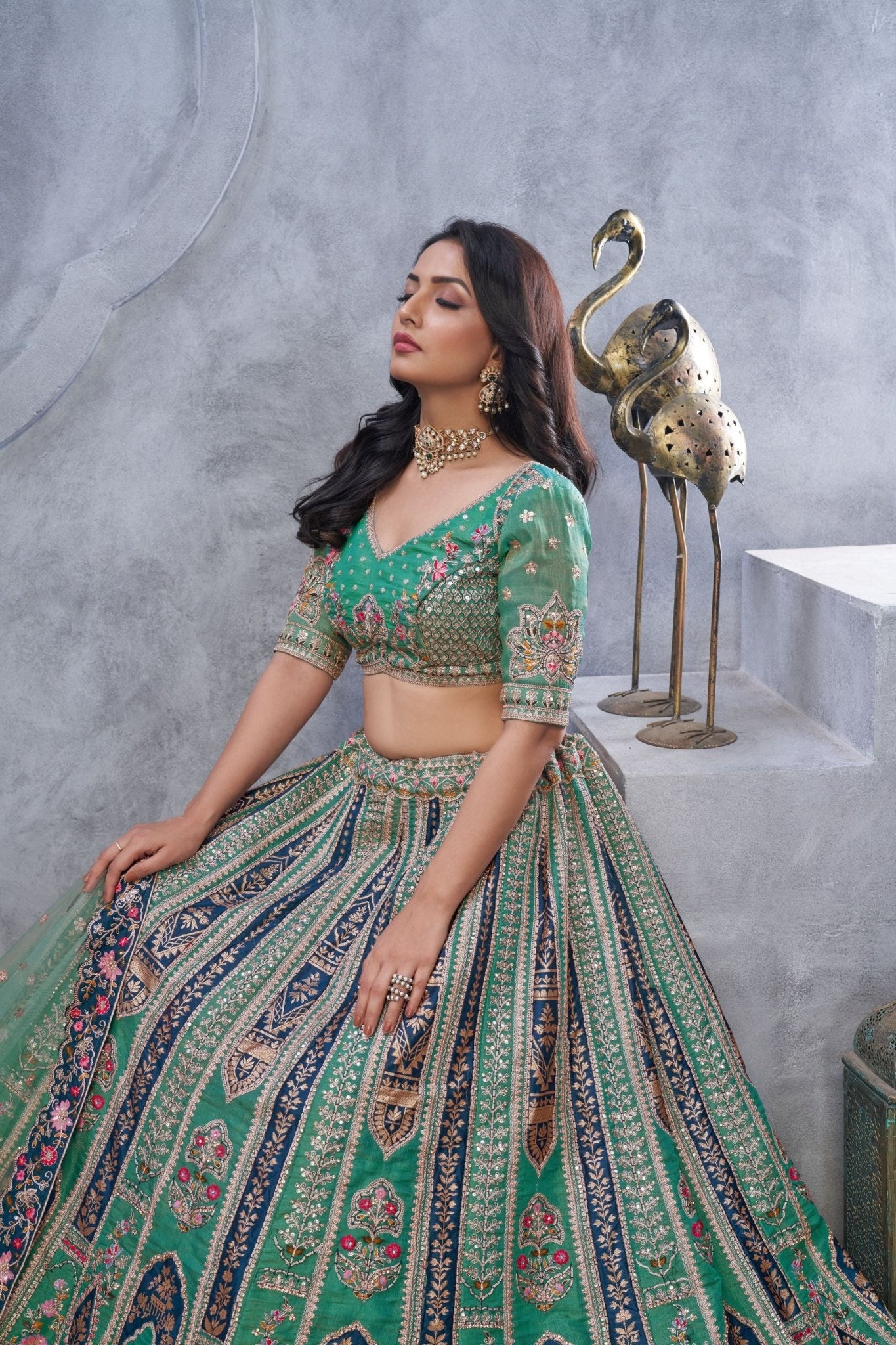 Superb Sea Green Embroidered A - Line Lehenga Choli with Heavy Handwork - Mangaldeep NX