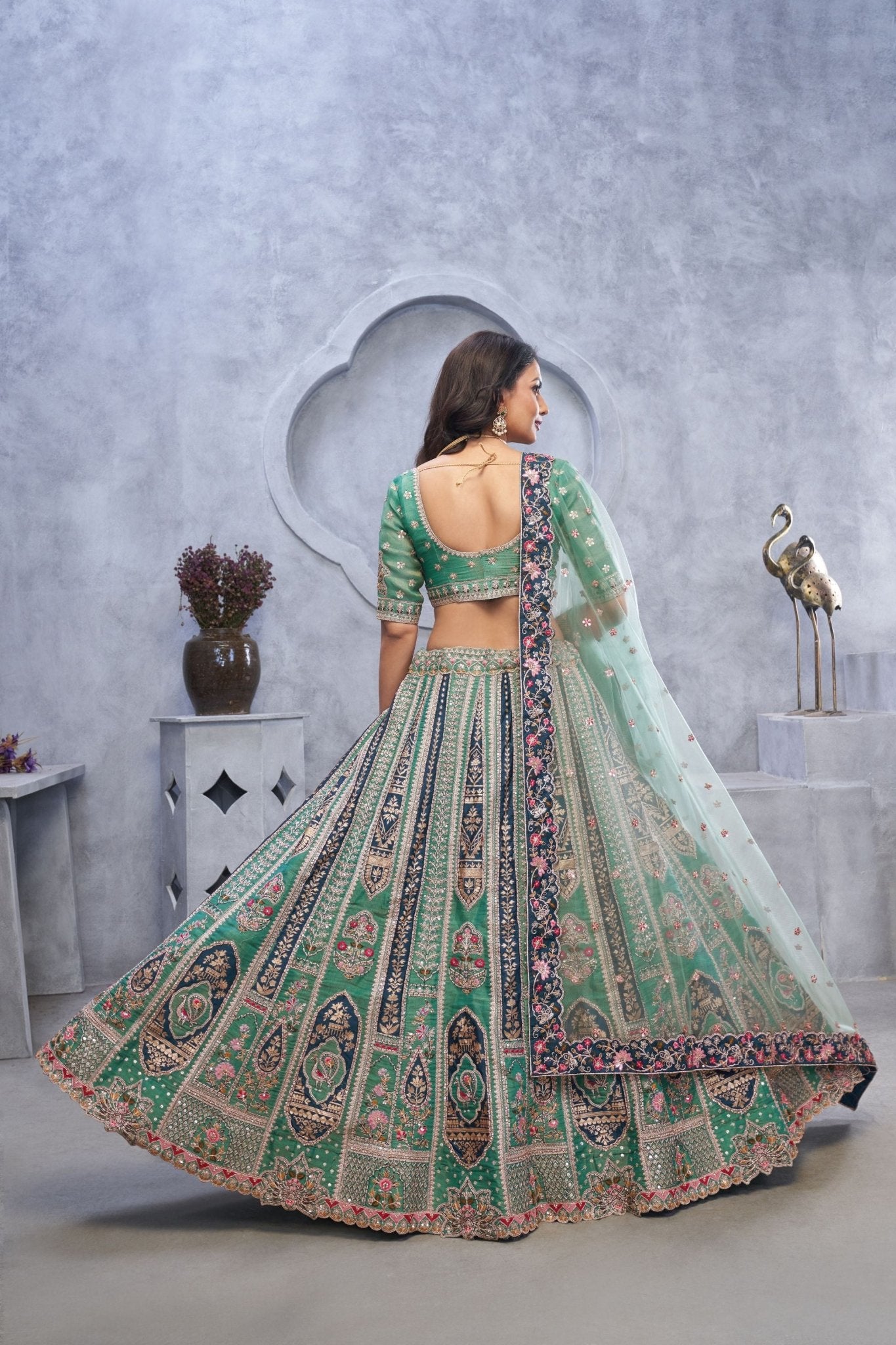 Superb Sea Green Embroidered A - Line Lehenga Choli with Heavy Handwork - Mangaldeep NX