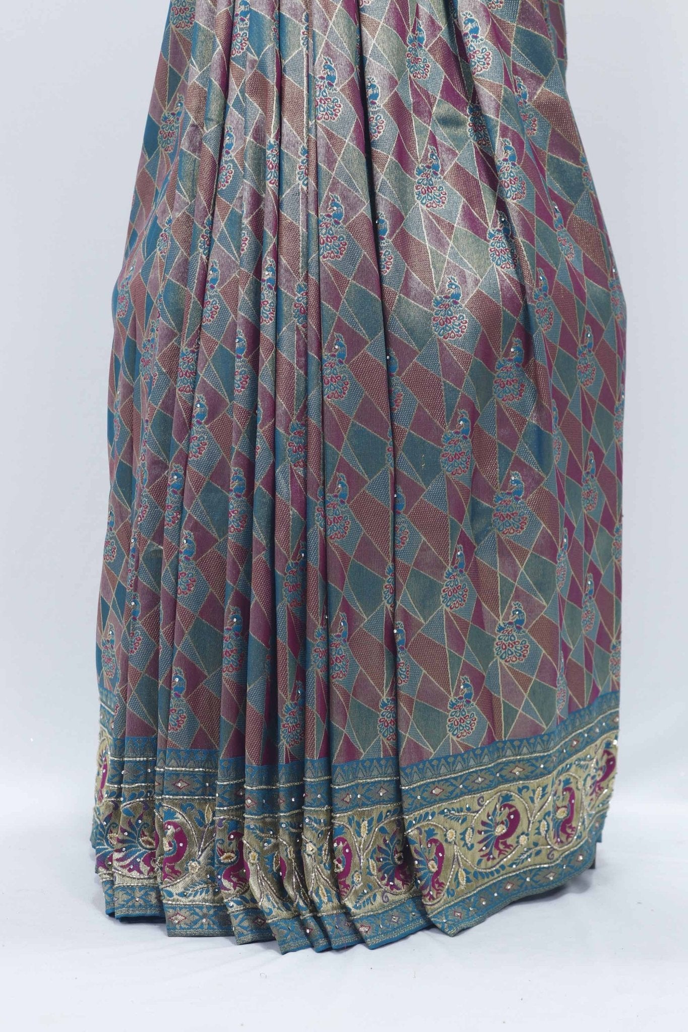 Teal and Maroon Kanjivaram Silk Saree with Zari Woven Cream Pallu - Mangaldeep NX