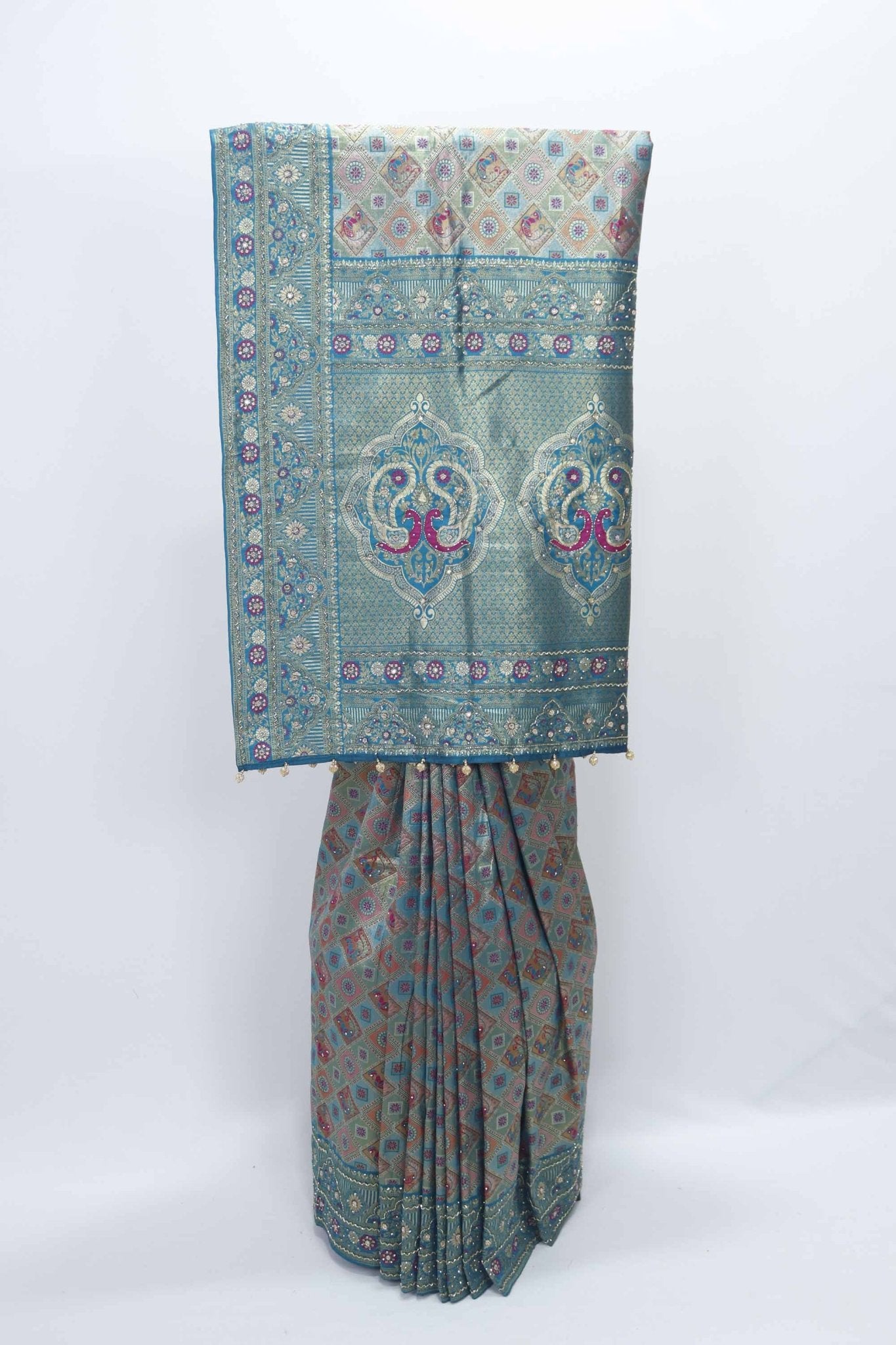 Teal Banarasi Silk Saree with Multicolor Zari Weaving and Elephant Motif Pallu - Mangaldeep NX