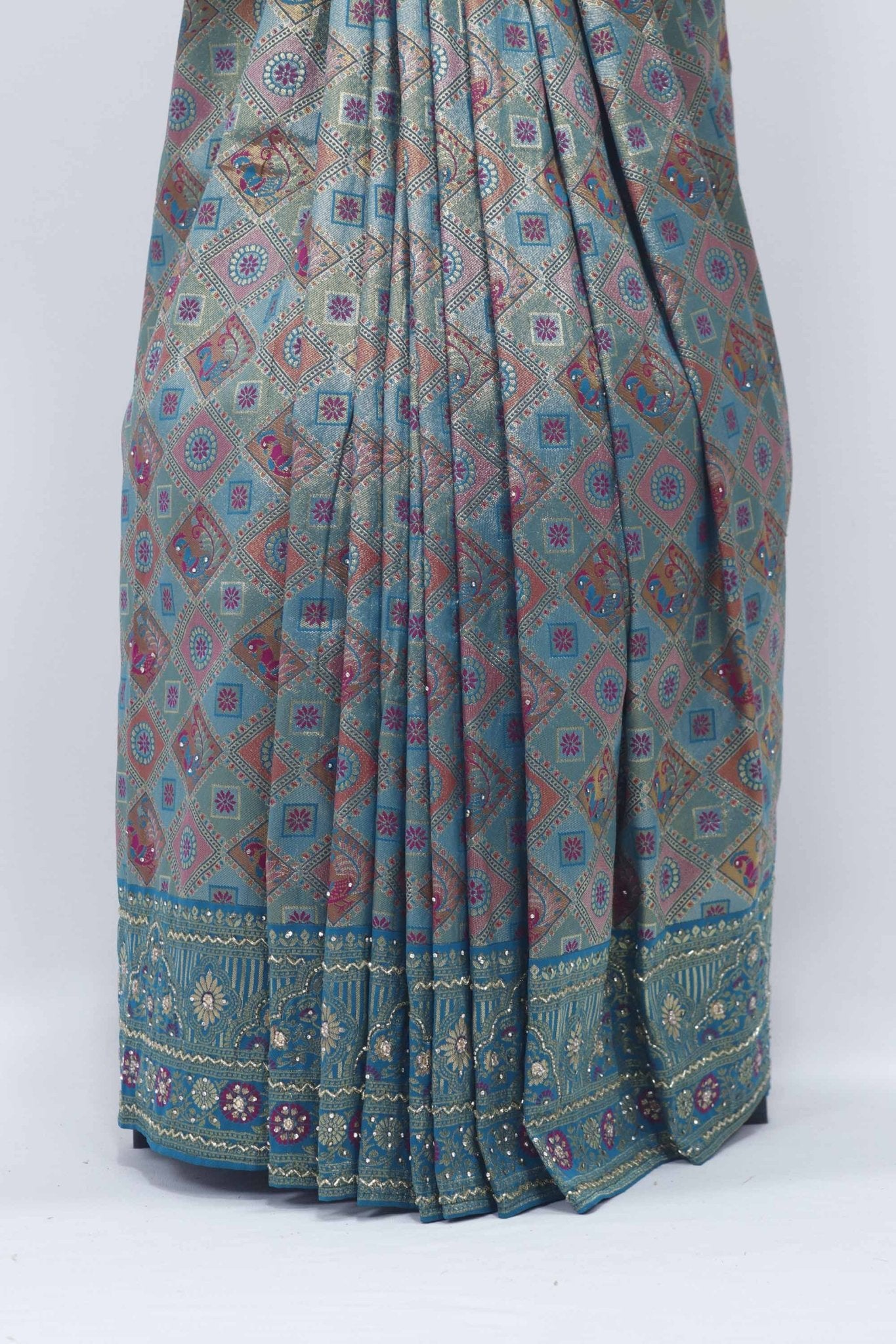 Teal Banarasi Silk Saree with Multicolor Zari Weaving and Elephant Motif Pallu - Mangaldeep NX