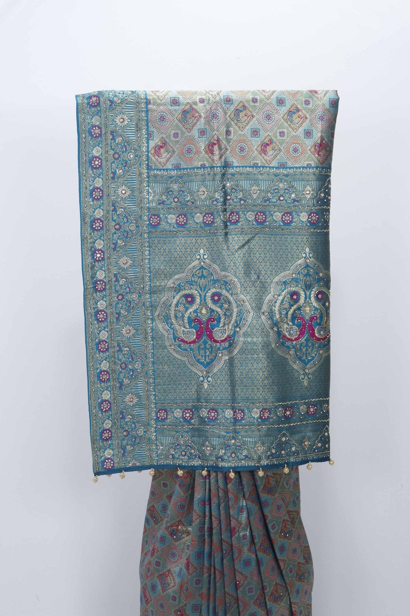 Teal Banarasi Silk Saree with Multicolor Zari Weaving and Elephant Motif Pallu - Mangaldeep NX