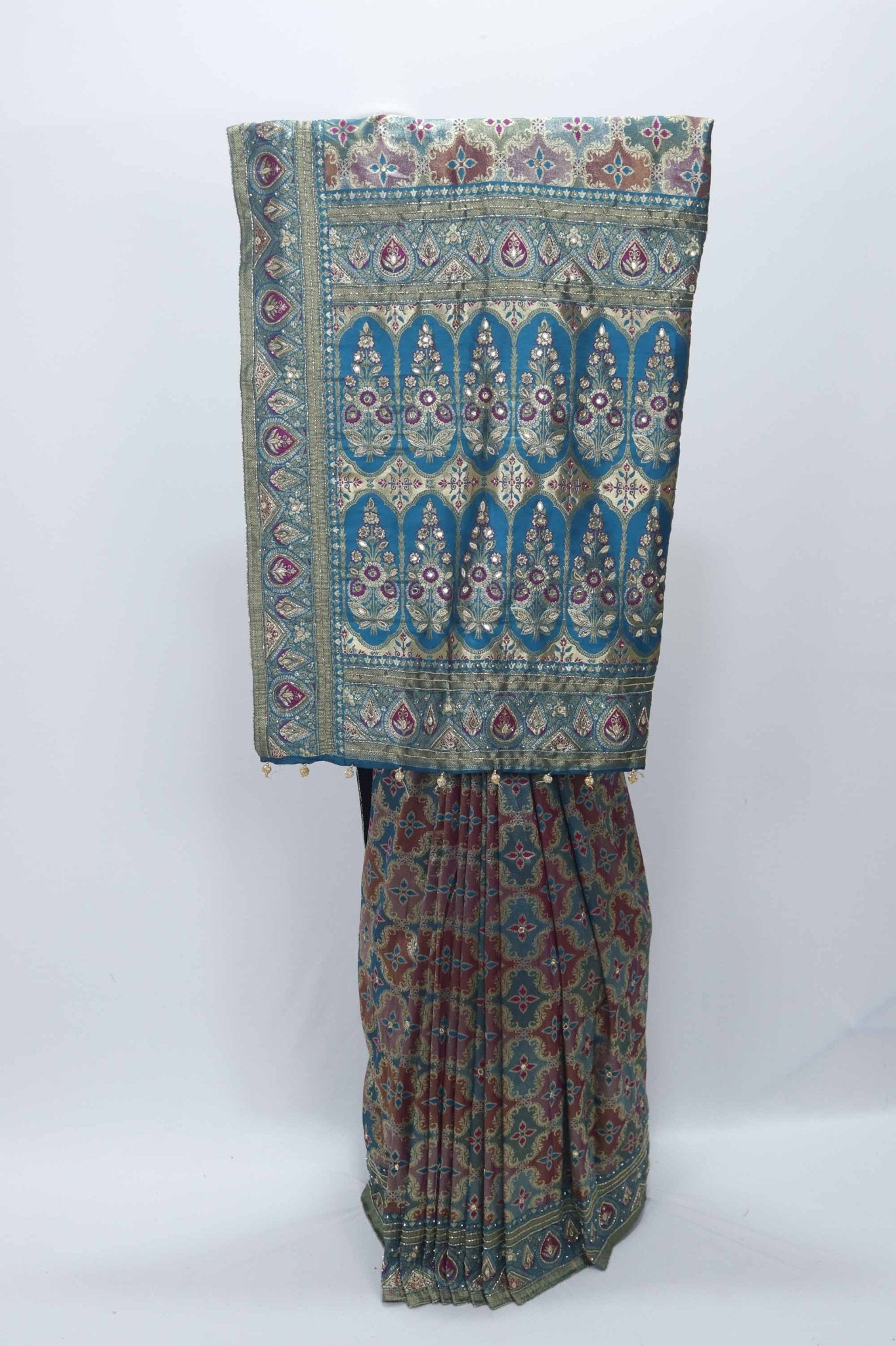 Teal Banarasi Silk Saree with Zari Weaving and Meenakari Butti Design - Mangaldeep NX