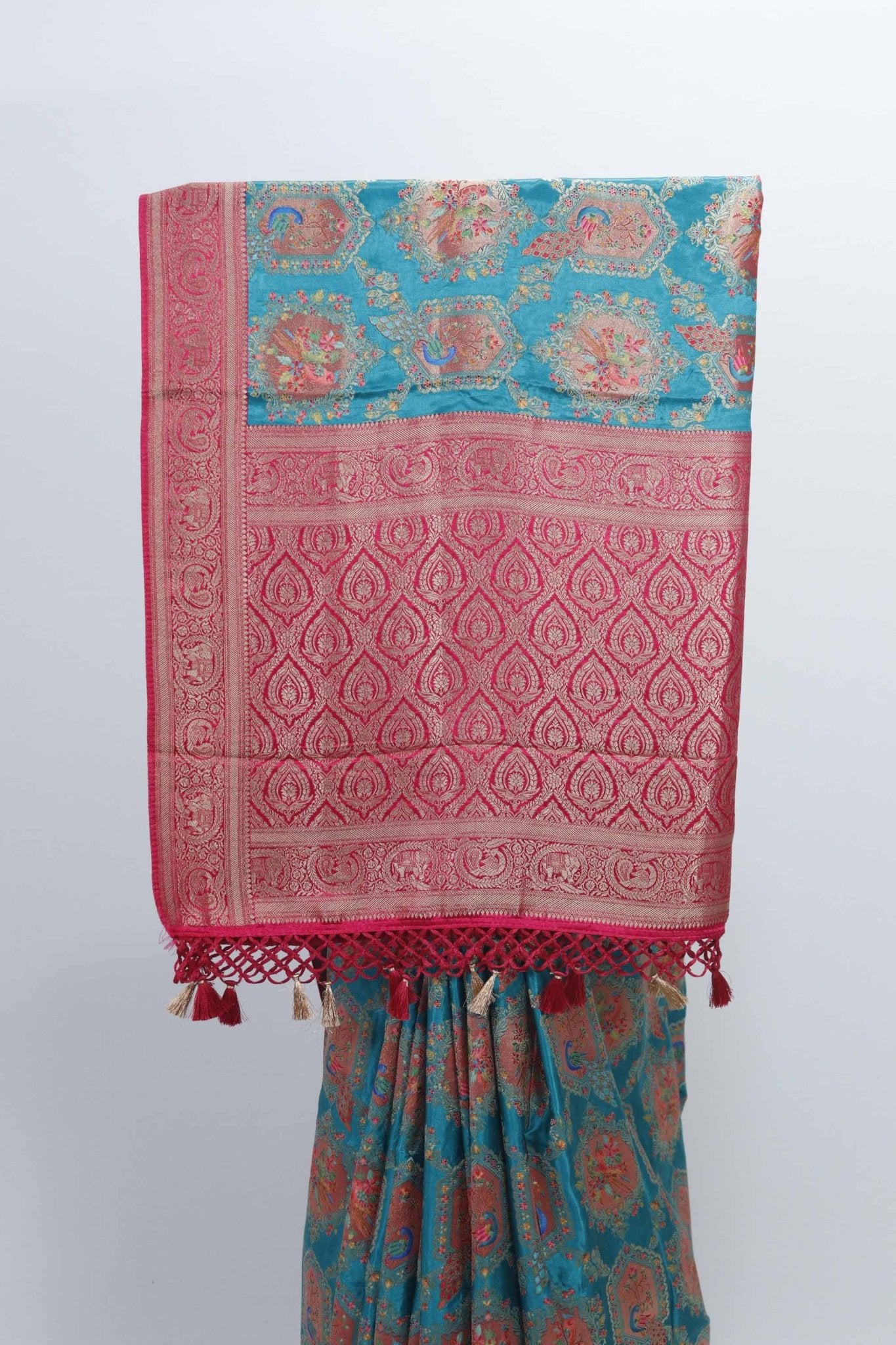 Teal Blue Banarasi Silk Saree and Pink Zari Pallu with Tassels - Mangaldeep NX