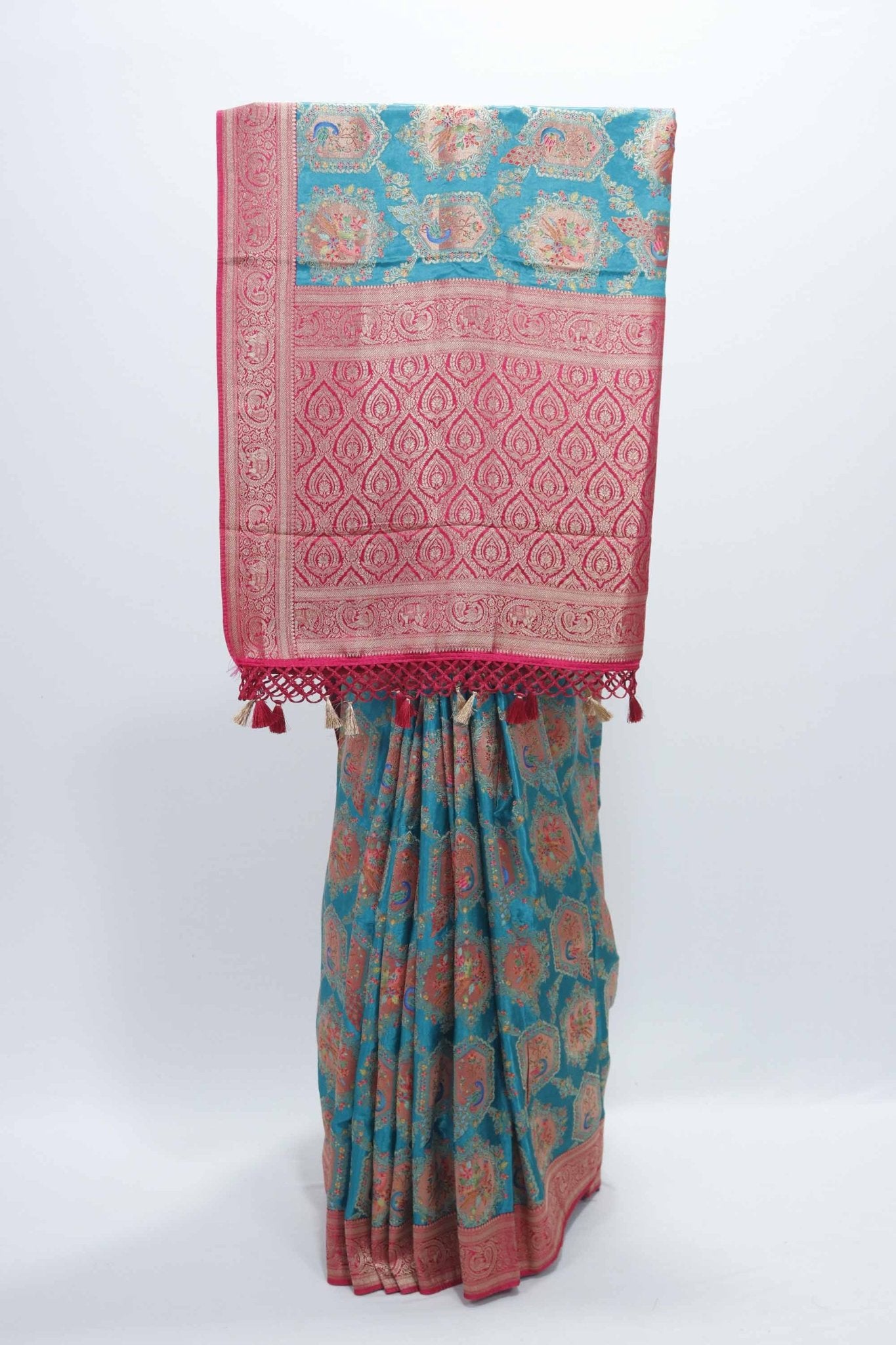 Teal Blue Banarasi Silk Saree and Pink Zari Pallu with Tassels - Mangaldeep NX