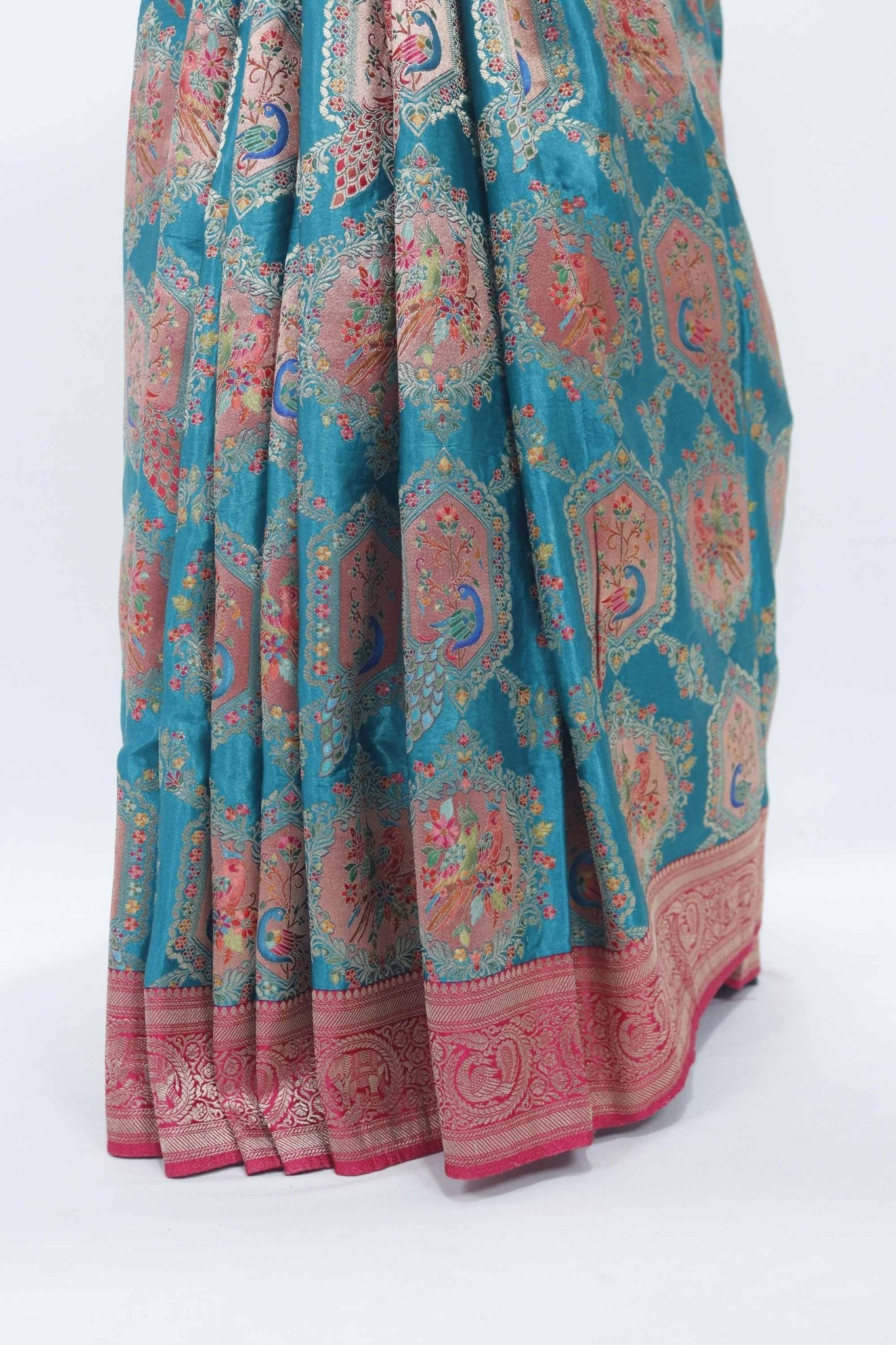 Teal Blue Banarasi Silk Saree and Pink Zari Pallu with Tassels - Mangaldeep NX