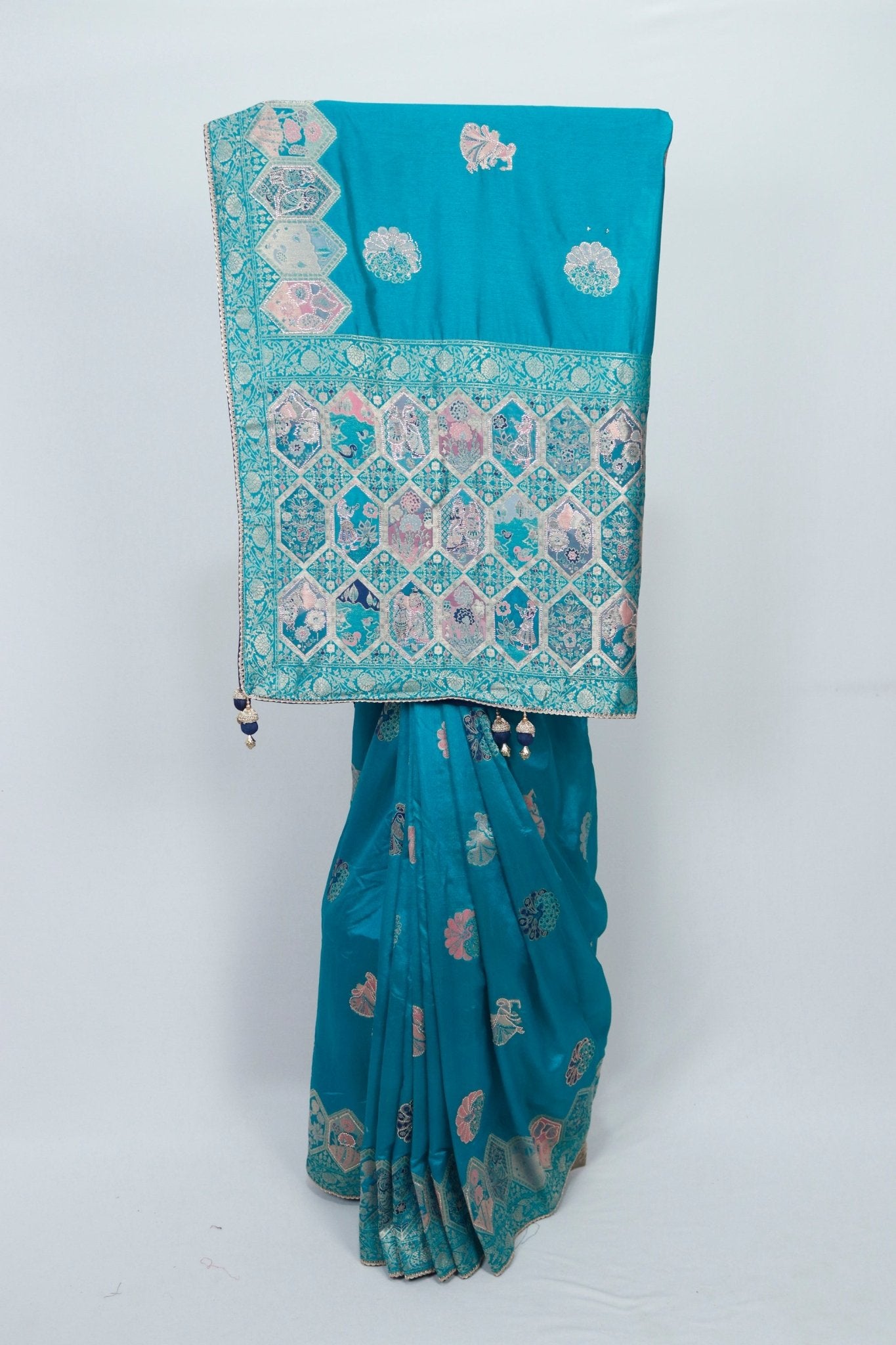 Teal Blue Banarasi Silk Saree with Zari Woven Traditional Motifs and Meenakari Pallu - Mangaldeep NX