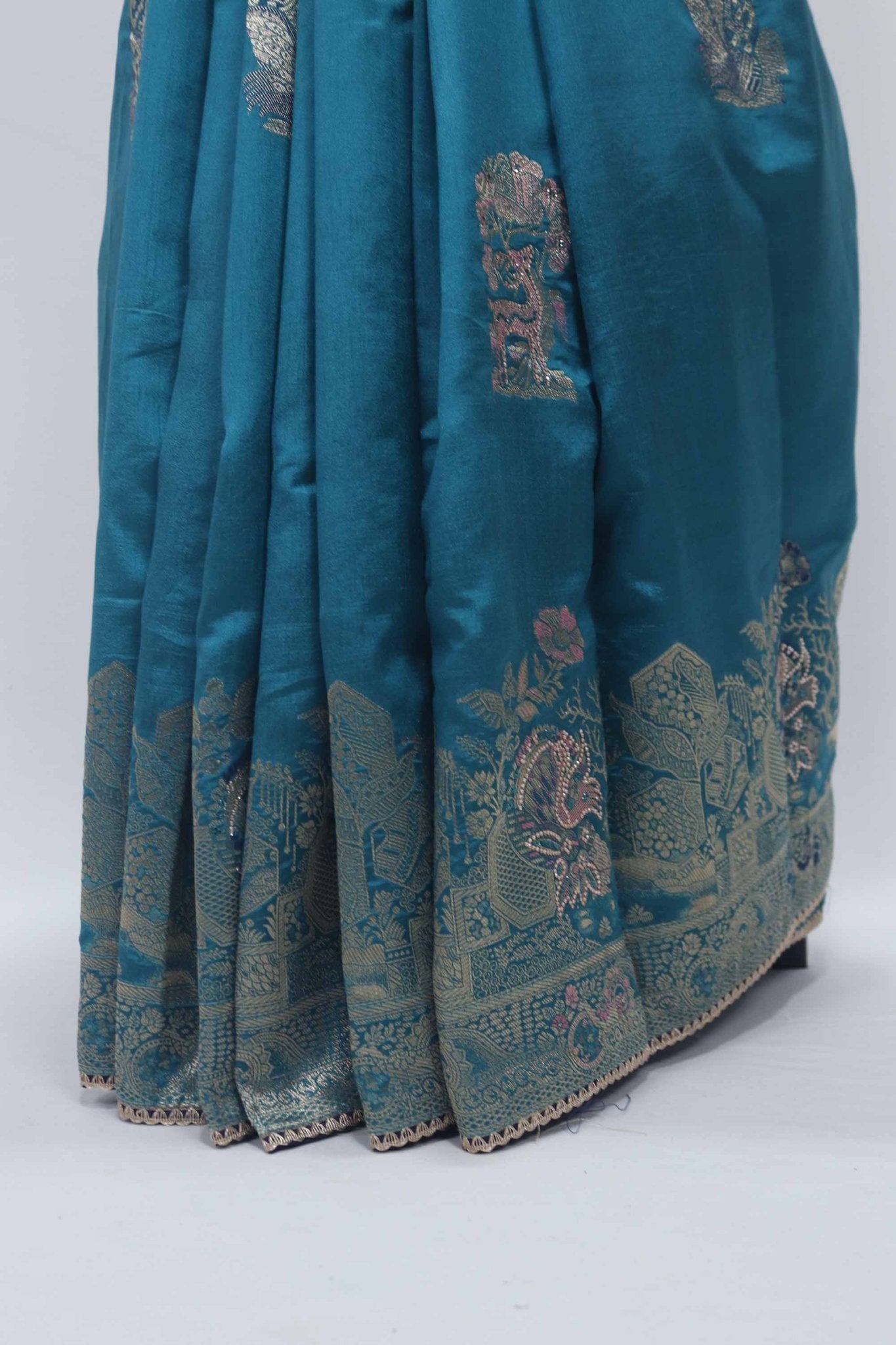 Teal Blue Bangalori Silk Saree with Silver Zari Animal Motifs and Beaded Tassel Pallu - Mangaldeep NX