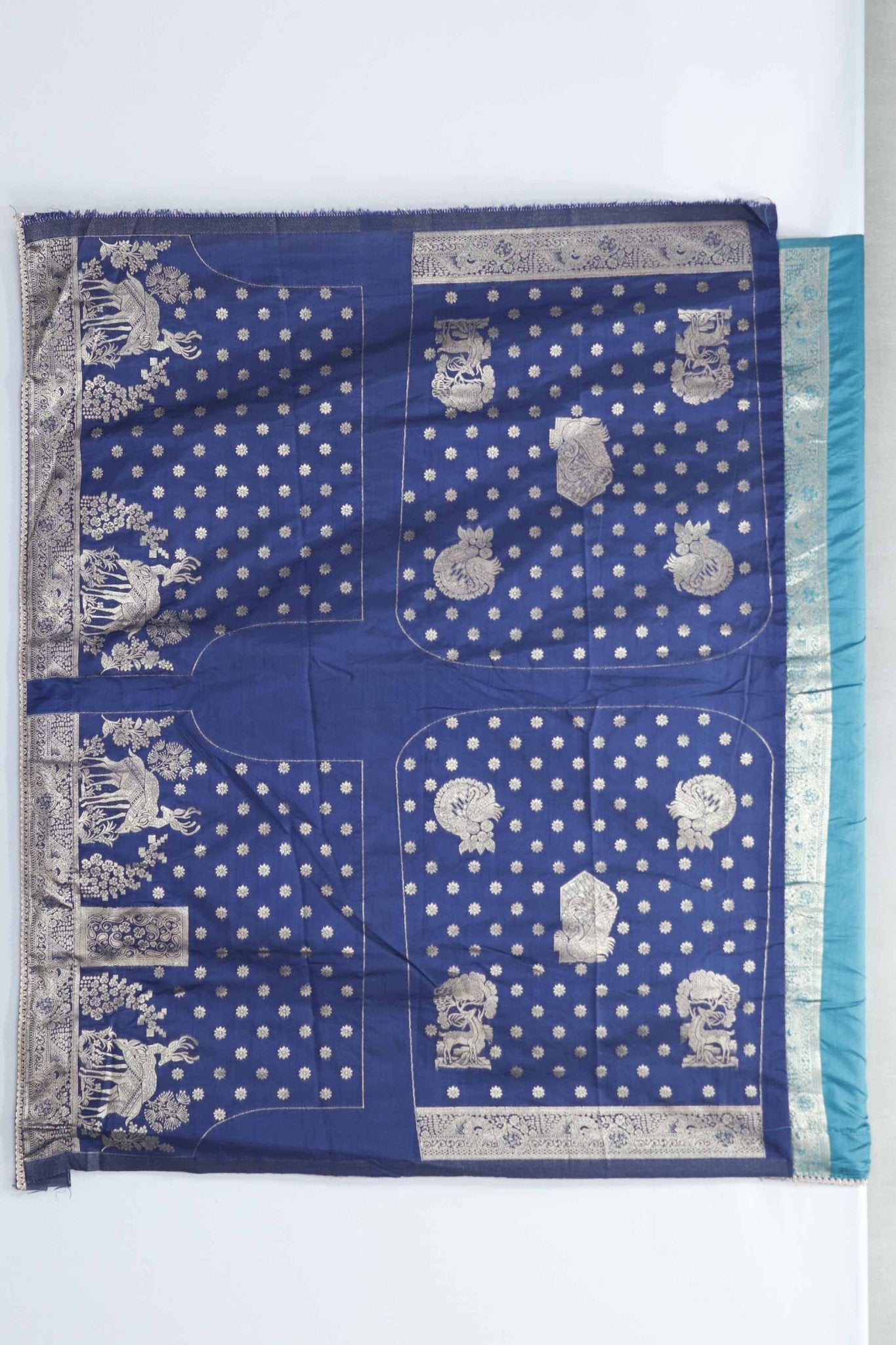Teal Blue Bangalori Silk Saree with Silver Zari Animal Motifs and Beaded Tassel Pallu - Mangaldeep NX