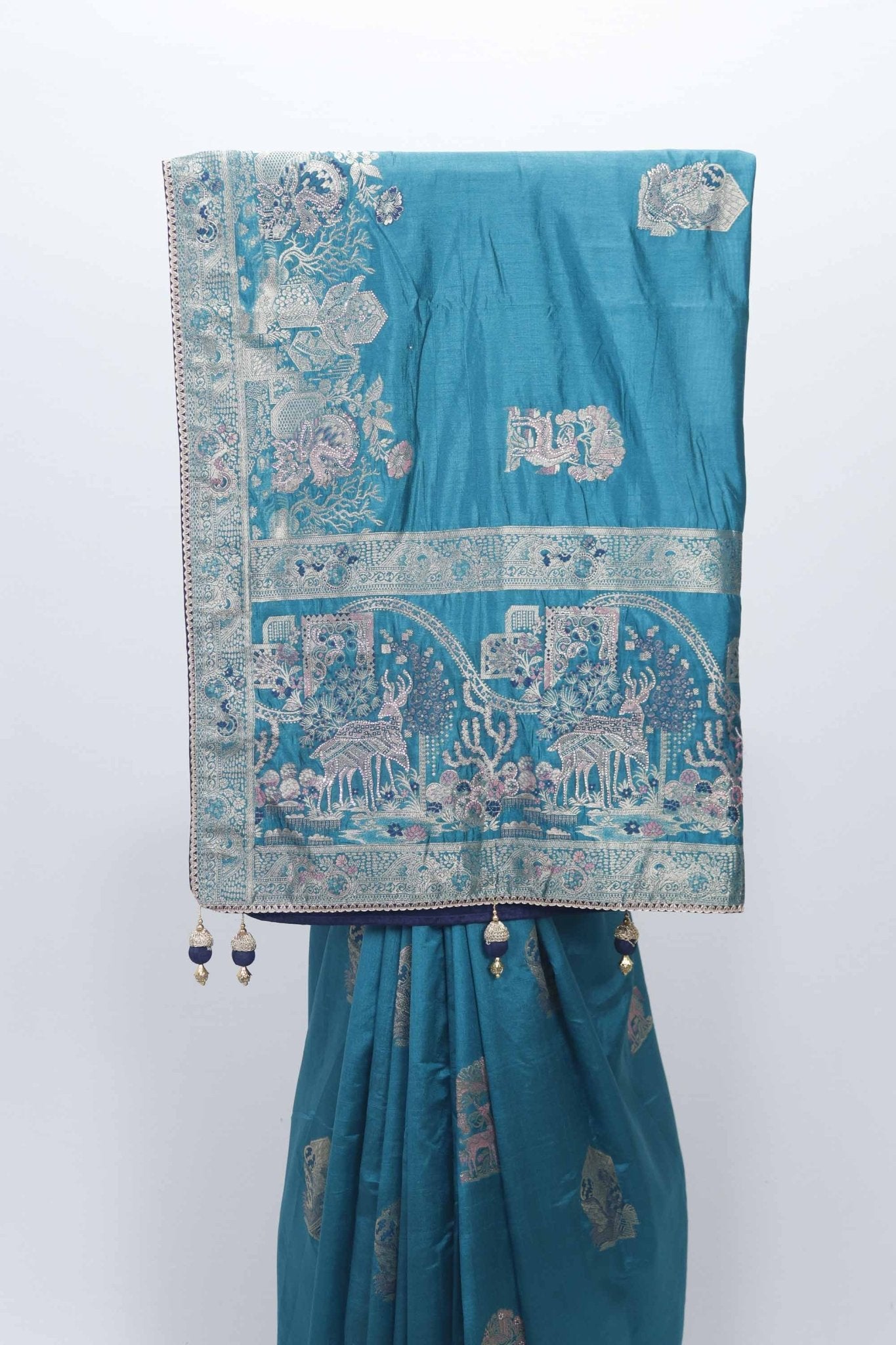 Teal Blue Bangalori Silk Saree with Silver Zari Animal Motifs and Beaded Tassel Pallu - Mangaldeep NX