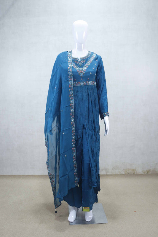 Teal Blue Embroidered Anarkali Kurta Set with Mirror Work and Dupatta - Mangaldeep NX
