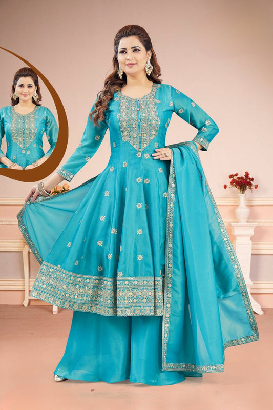 Teal Blue Embroidered Anarkali Suit with Palazzo & Dupatta - Mangaldeep NX
