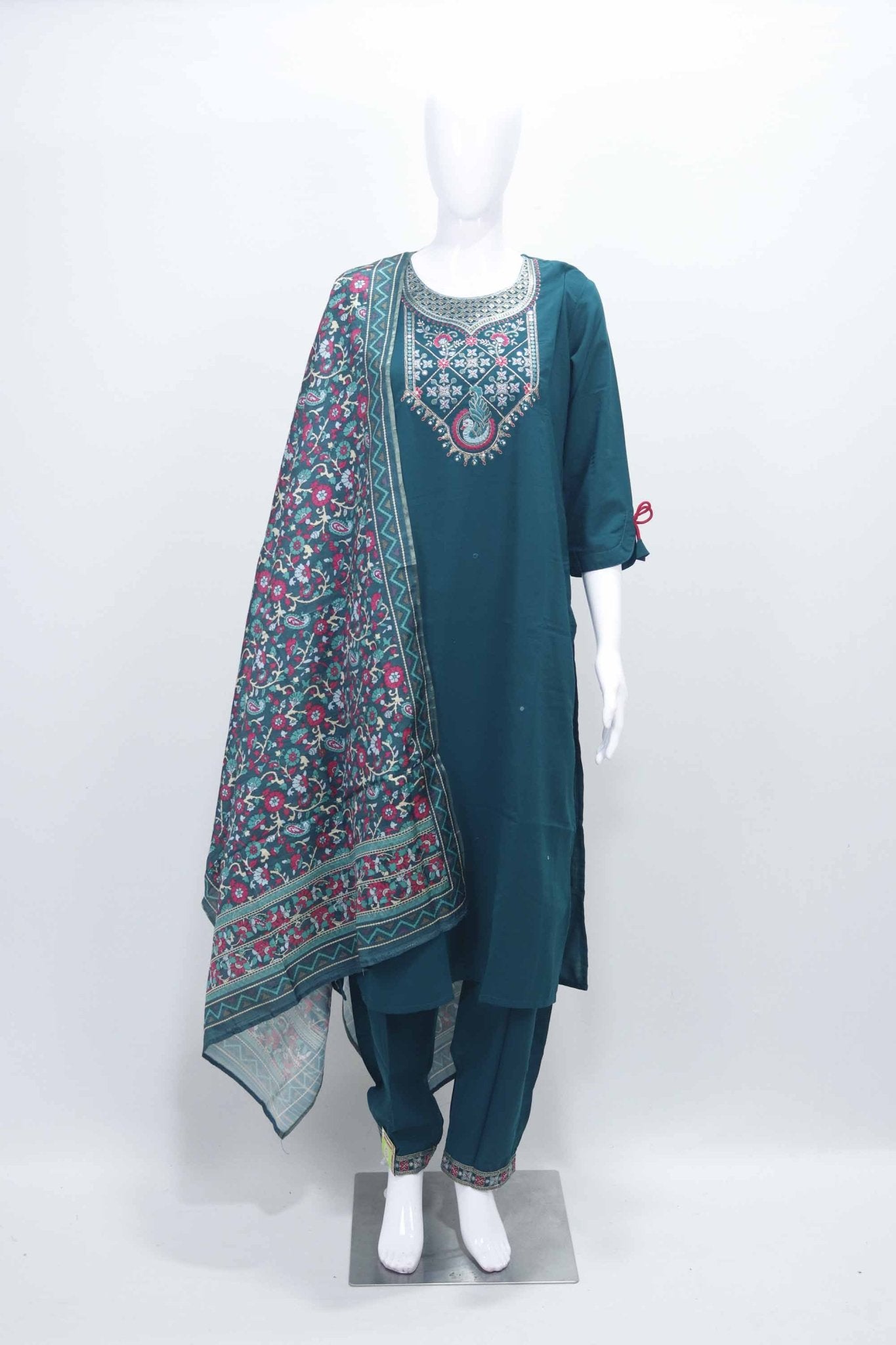 Teal Blue Embroidered Kurta Set with Printed Dupatta and Tapered Pants for Women - Mangaldeep NX