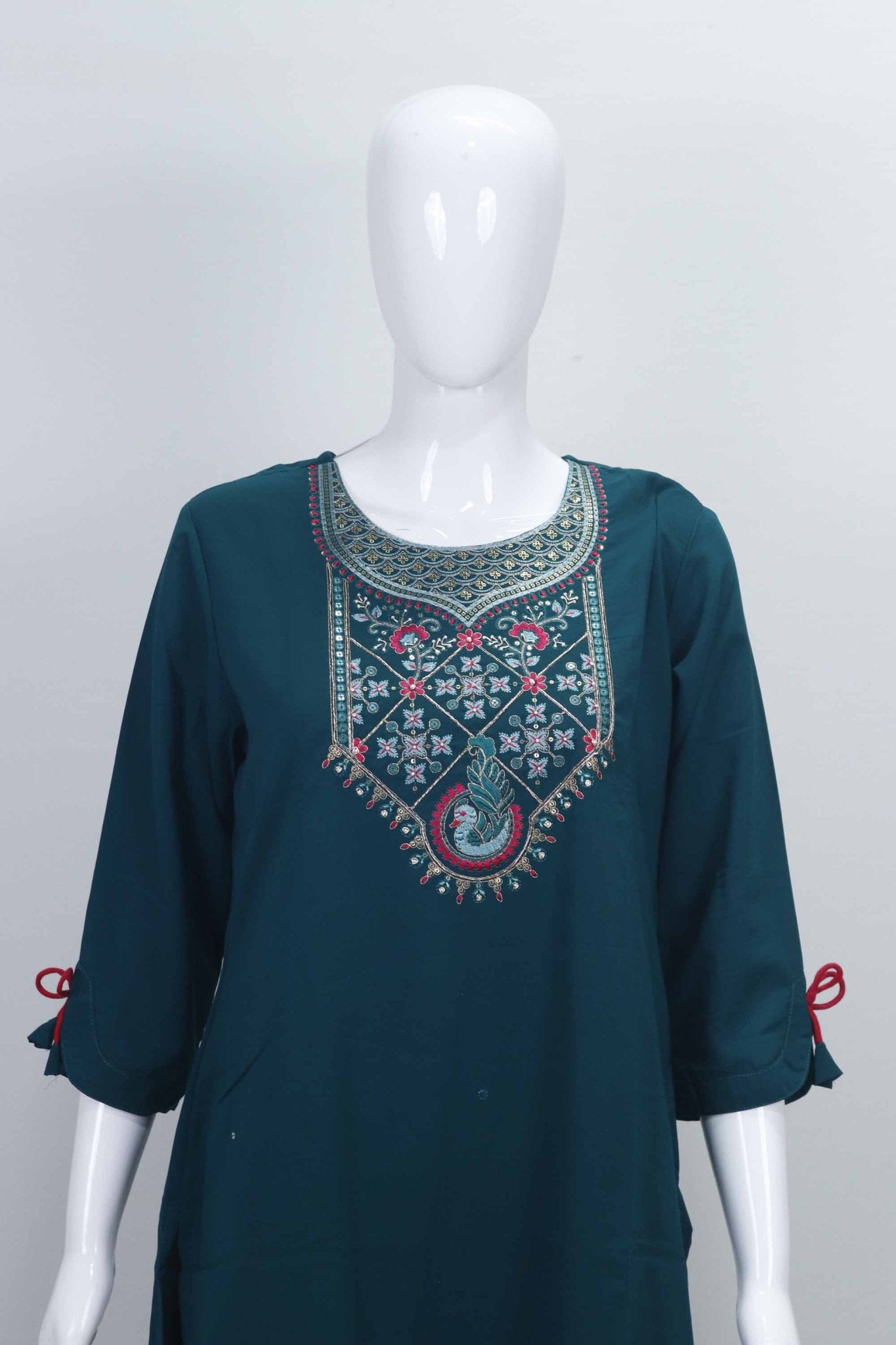Teal Blue Embroidered Kurta Set with Printed Dupatta and Tapered Pants for Women - Mangaldeep NX