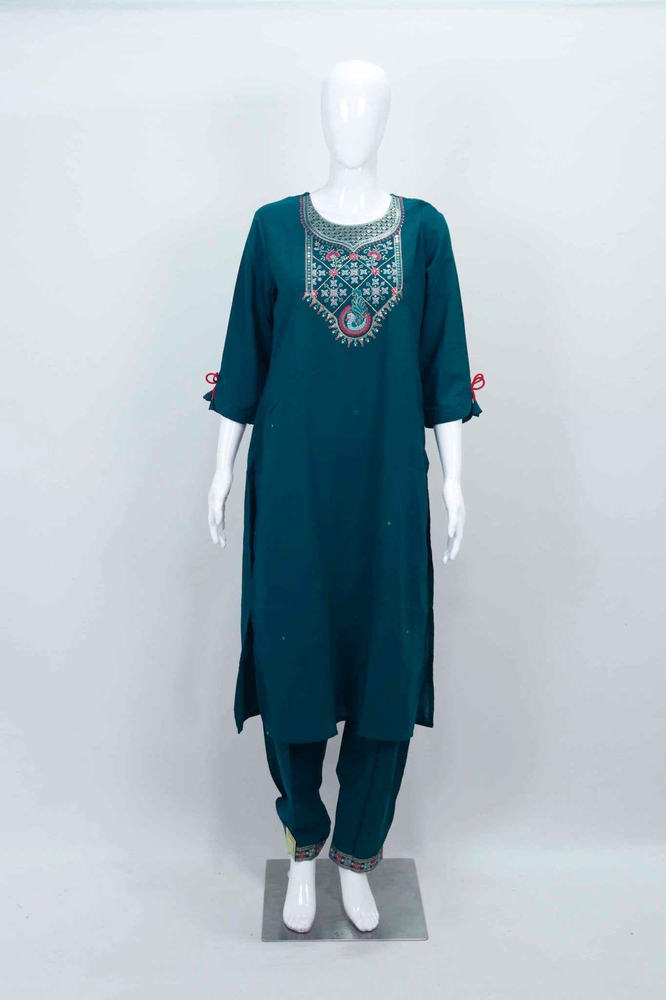 Teal Blue Embroidered Kurta Set with Printed Dupatta and Tapered Pants for Women - Mangaldeep NX