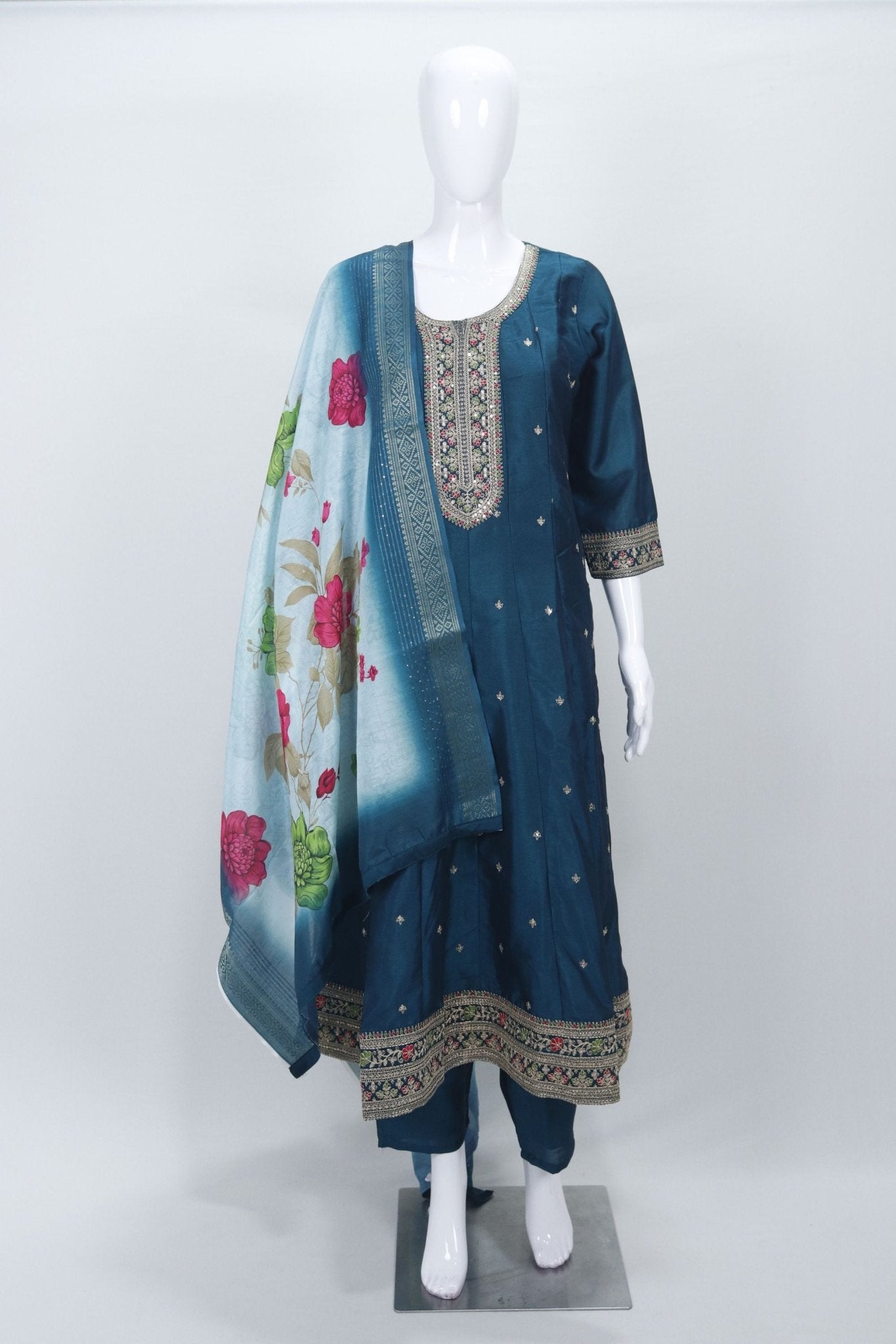 Teal Blue Embroidered Straight Salwar Suit with Floral Dupatta - Mangaldeep NX