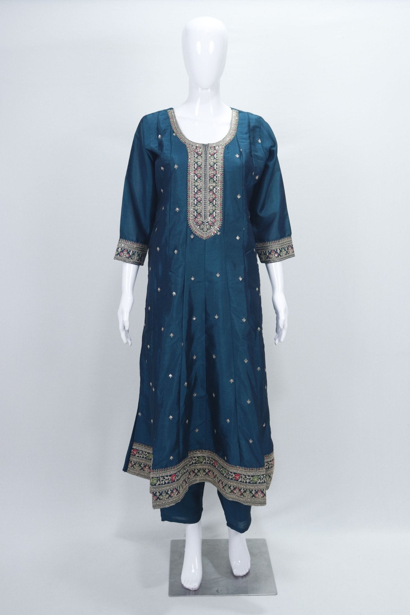 Teal Blue Embroidered Straight Salwar Suit with Floral Dupatta - Mangaldeep NX