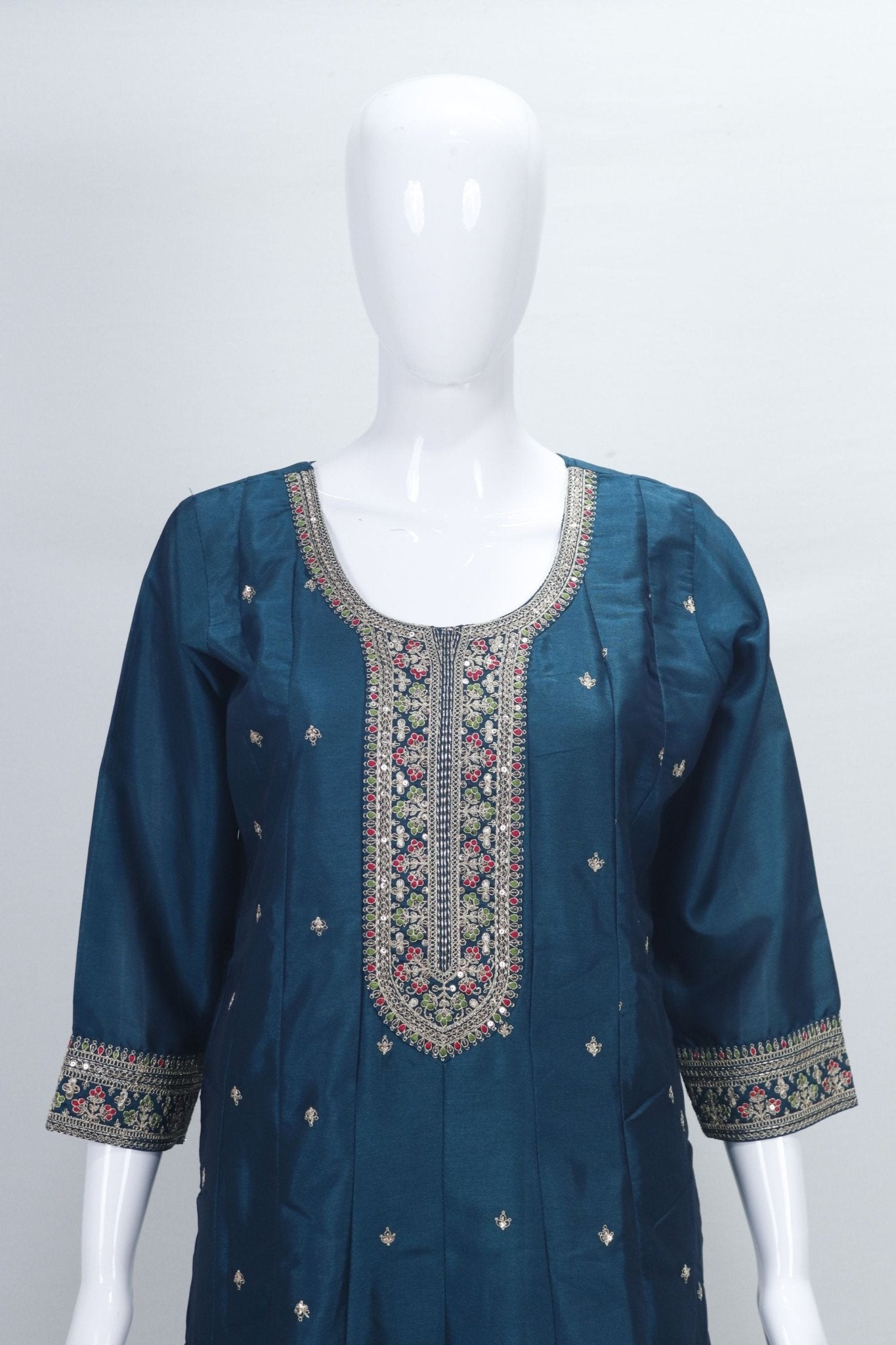 Teal Blue Embroidered Straight Salwar Suit with Floral Dupatta - Mangaldeep NX