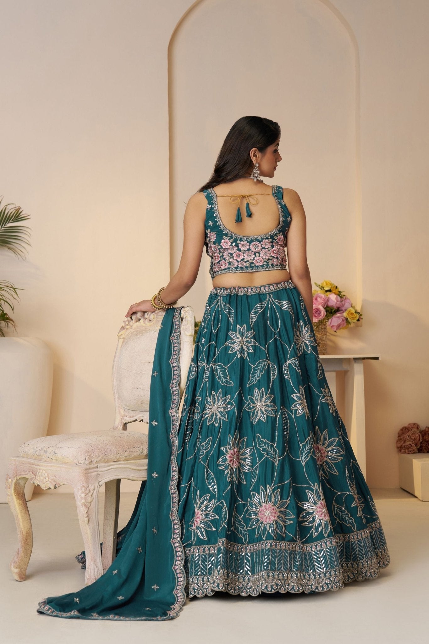 Teal Blue Floral Embroidered Lehenga Choli Set with Sequins and Dupatta - Mangaldeep NX
