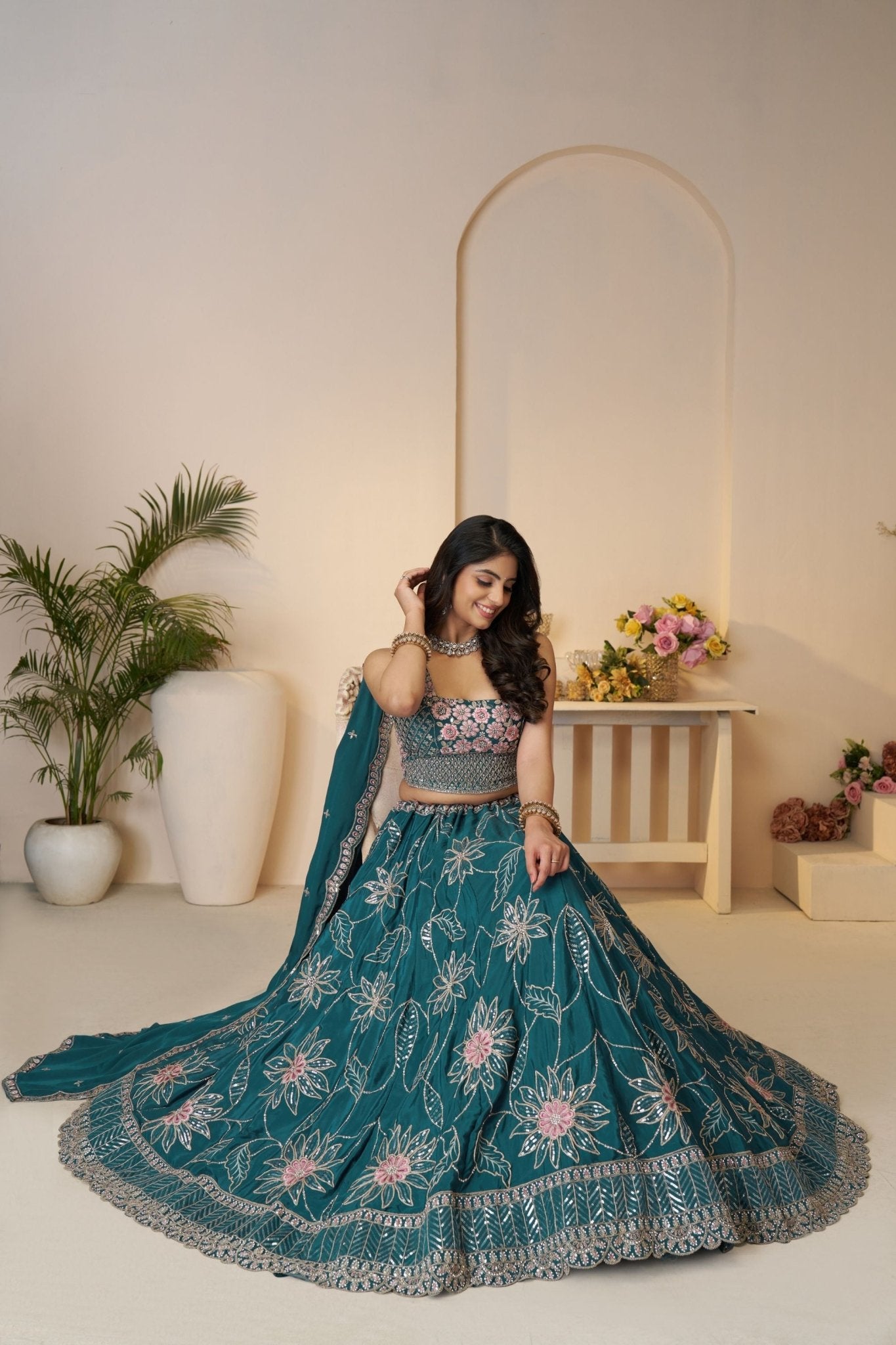 Teal Blue Floral Embroidered Lehenga Choli Set with Sequins and Dupatta - Mangaldeep NX