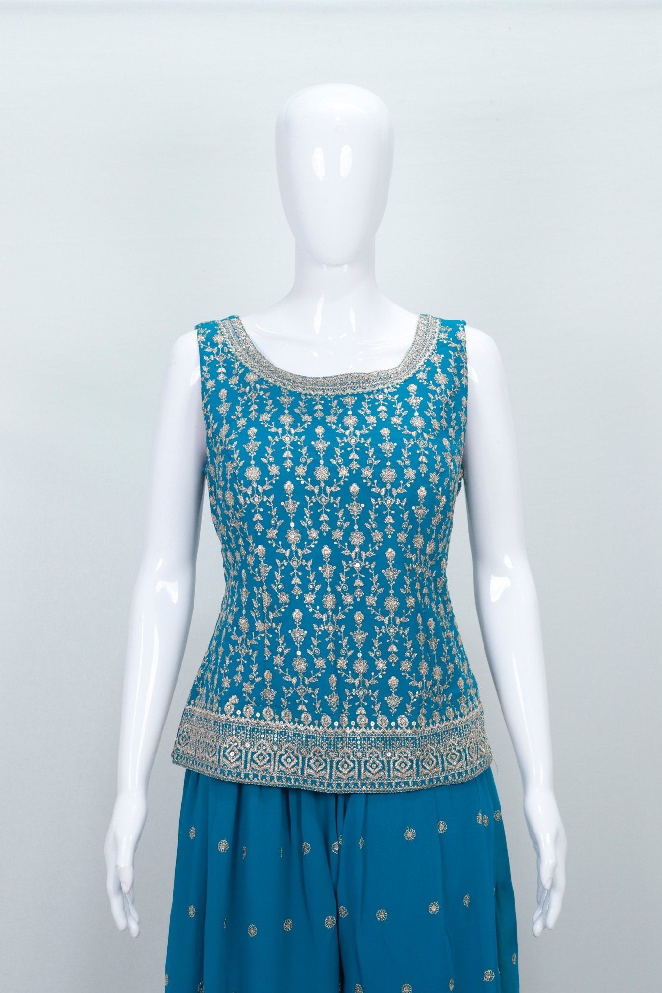 Teal Blue Georgette Sharara Suit Set with Heavy Embroidery and Dupatta - Mangaldeep NX