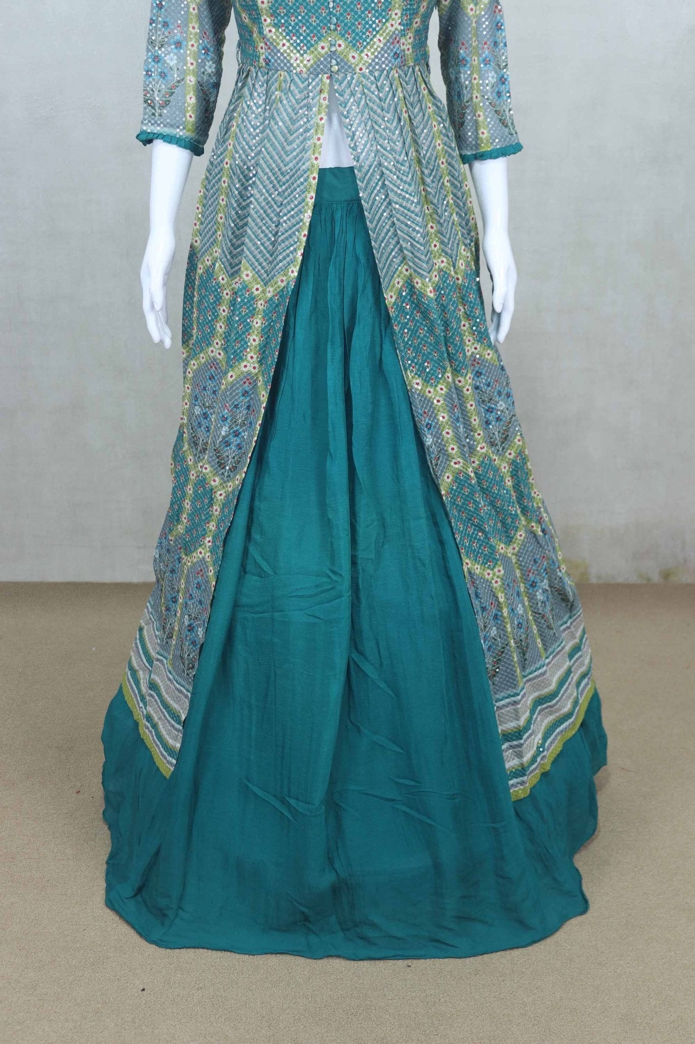 Teal Blue Mirror Work Georgette Jacket Style Lehenga Choli Set with Dupatta - Mangaldeep NX