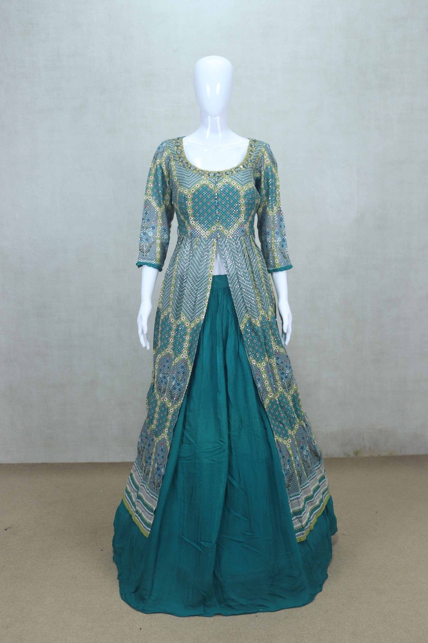 Teal Blue Mirror Work Georgette Jacket Style Lehenga Choli Set with Dupatta - Mangaldeep NX