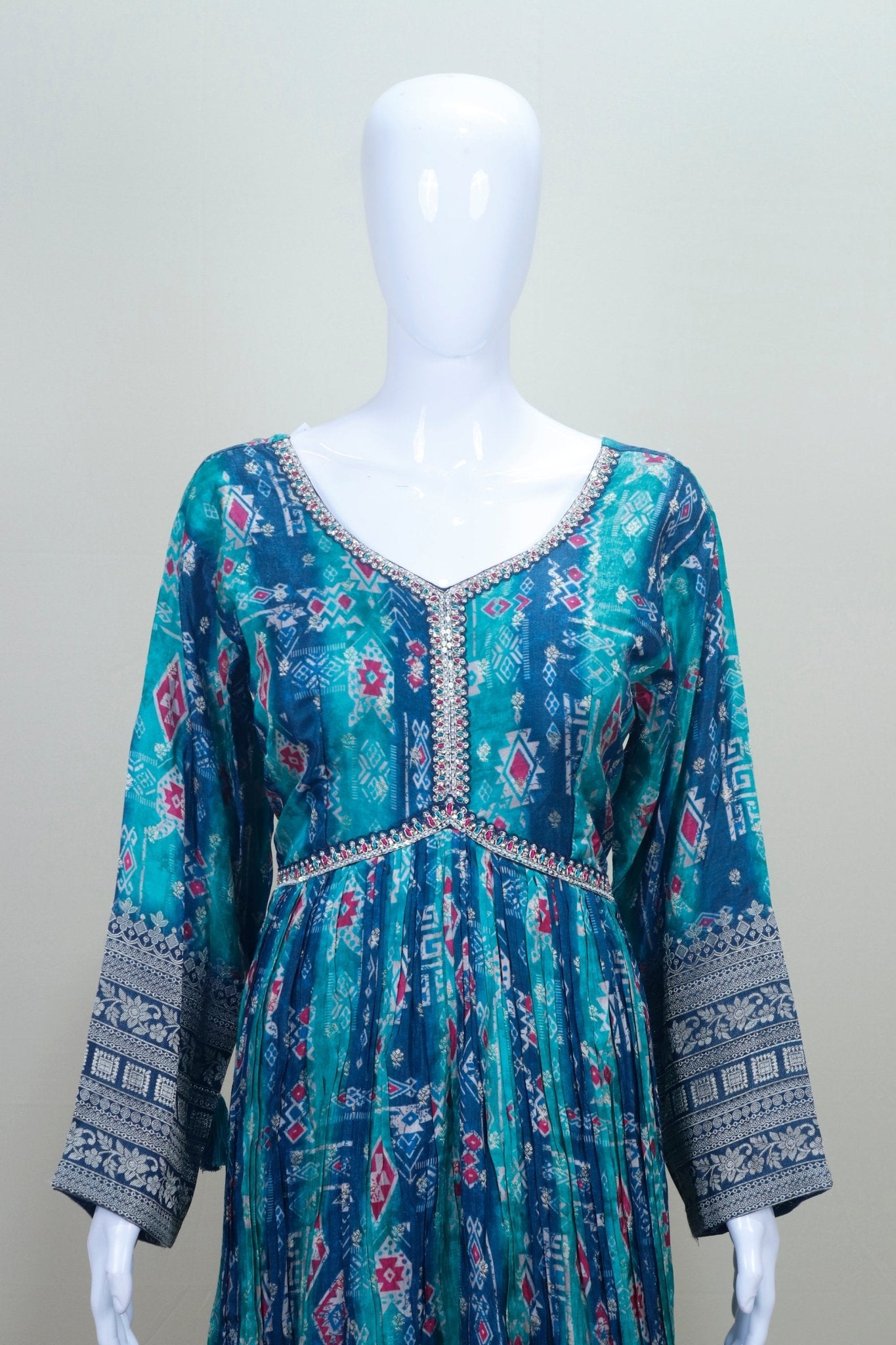 Teal Blue Printed Anarkali Kurta Set with Embroidered Yoke Net Dupatta - Mangaldeep NX