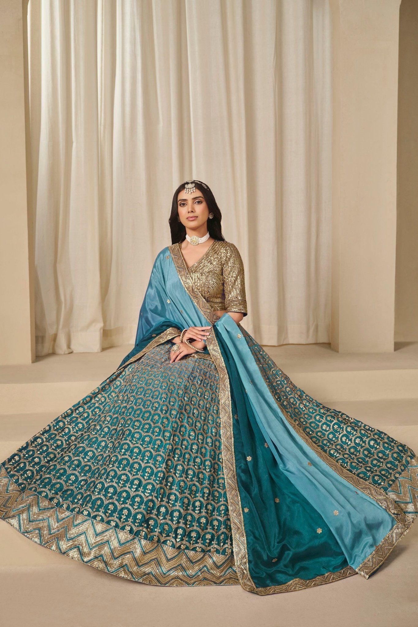 Teal Blue Silk Embroidered Lehenga Choli Set with Sequined Blouse and Contrast Dupatta - Mangaldeep NX