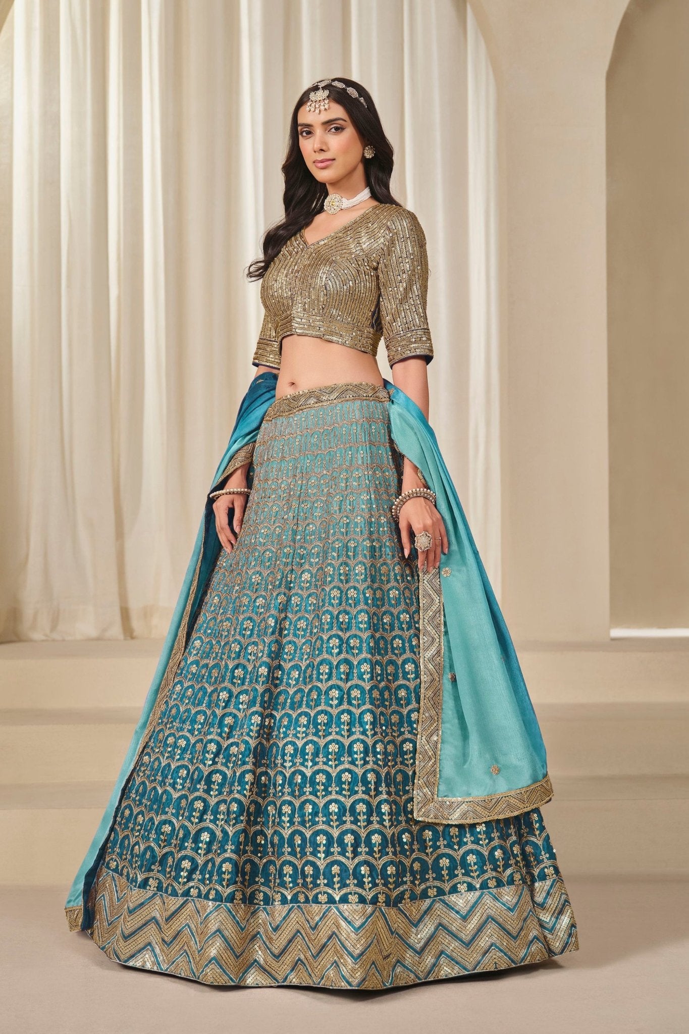 Teal Blue Silk Embroidered Lehenga Choli Set with Sequined Blouse and Contrast Dupatta - Mangaldeep NX