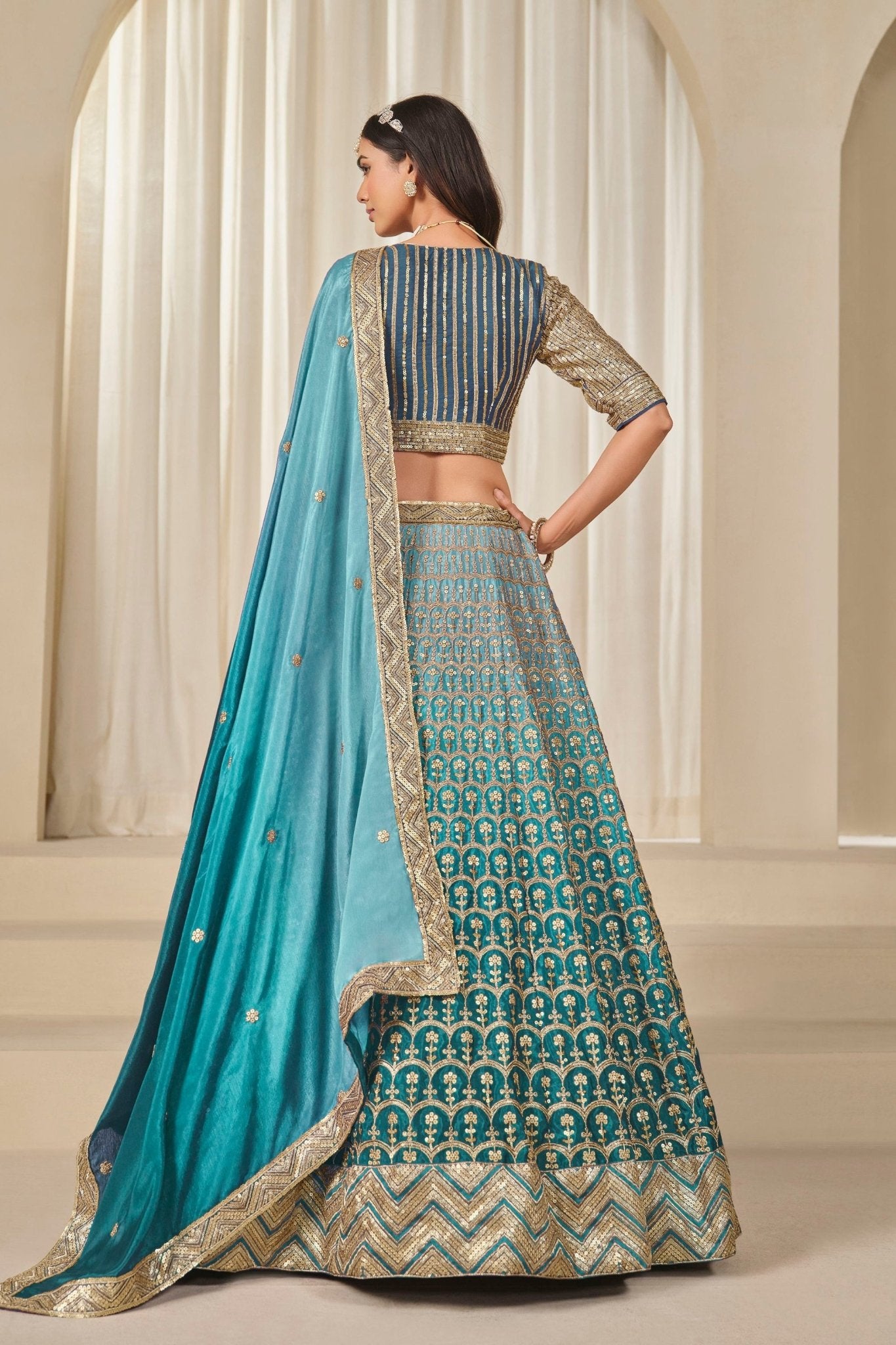 Teal Blue Silk Embroidered Lehenga Choli Set with Sequined Blouse and Contrast Dupatta - Mangaldeep NX