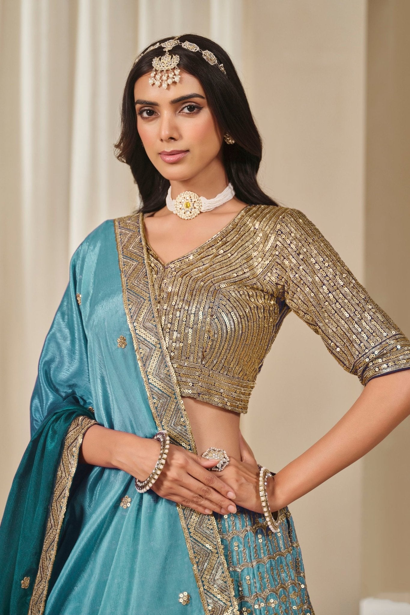 Teal Blue Silk Embroidered Lehenga Choli Set with Sequined Blouse and Contrast Dupatta - Mangaldeep NX