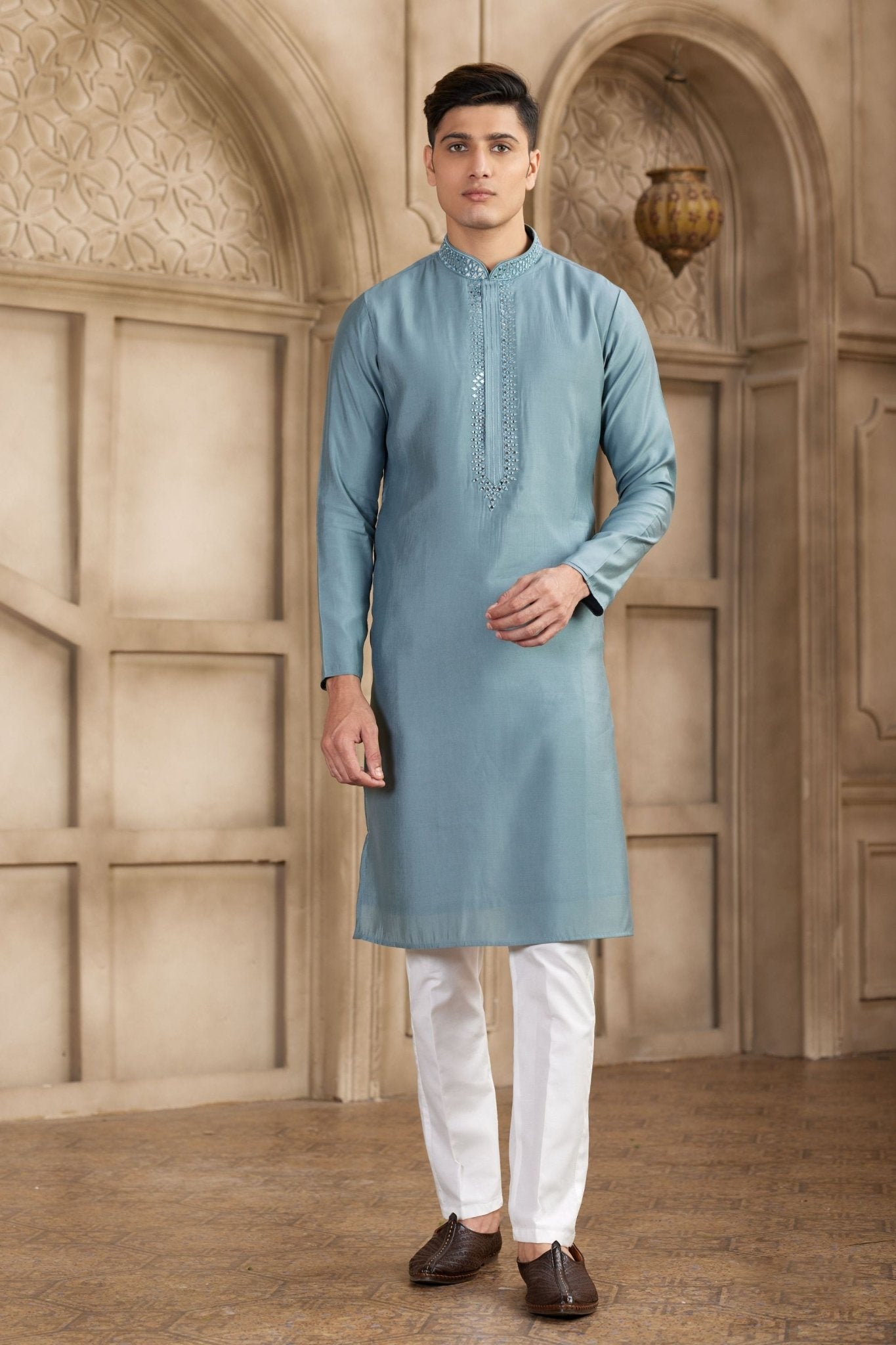 Teal Blue Silk Kurta Pyjama Set for Men with Mirror Embellished Placket - Mangaldeep NX