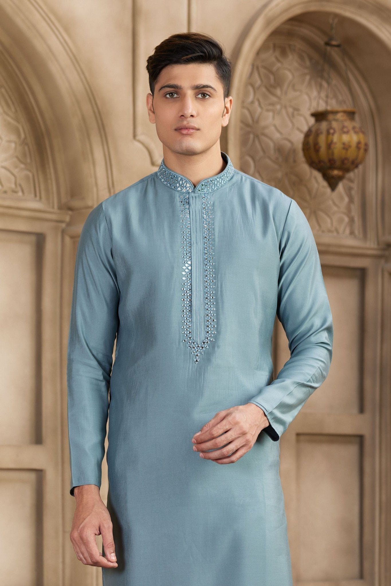 Teal Blue Silk Kurta Pyjama Set for Men with Mirror Embellished Placket - Mangaldeep NX