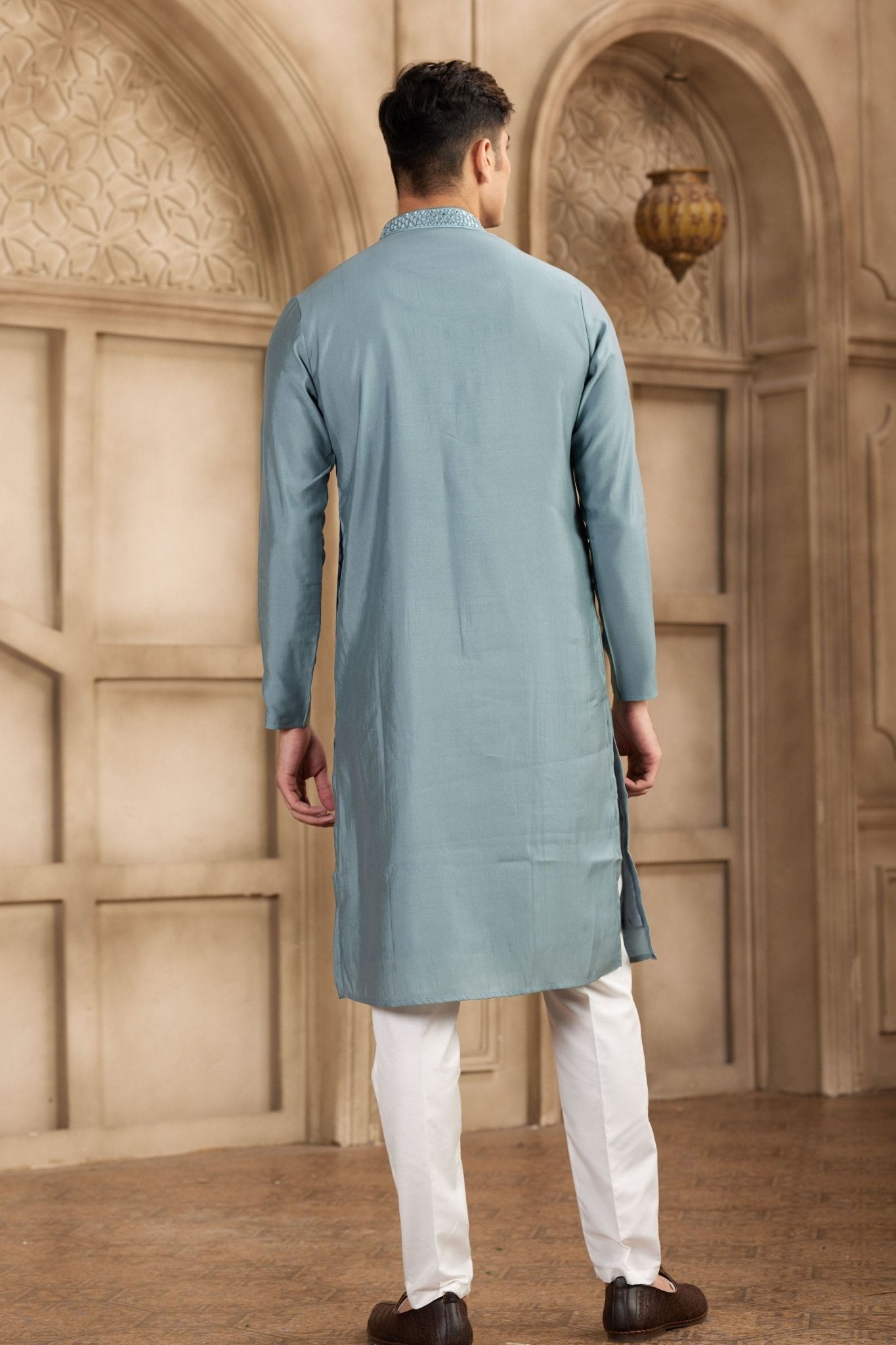 Teal Blue Silk Kurta Pyjama Set for Men with Mirror Embellished Placket - Mangaldeep NX