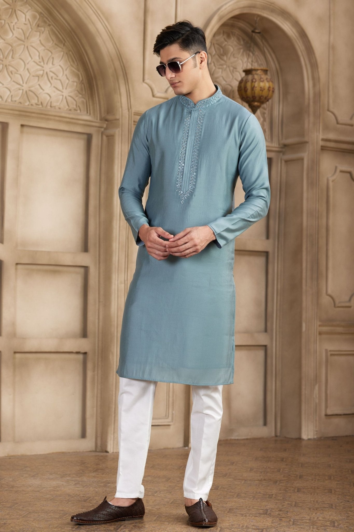 Teal Blue Silk Kurta Pyjama Set for Men with Mirror Embellished Placket - Mangaldeep NX