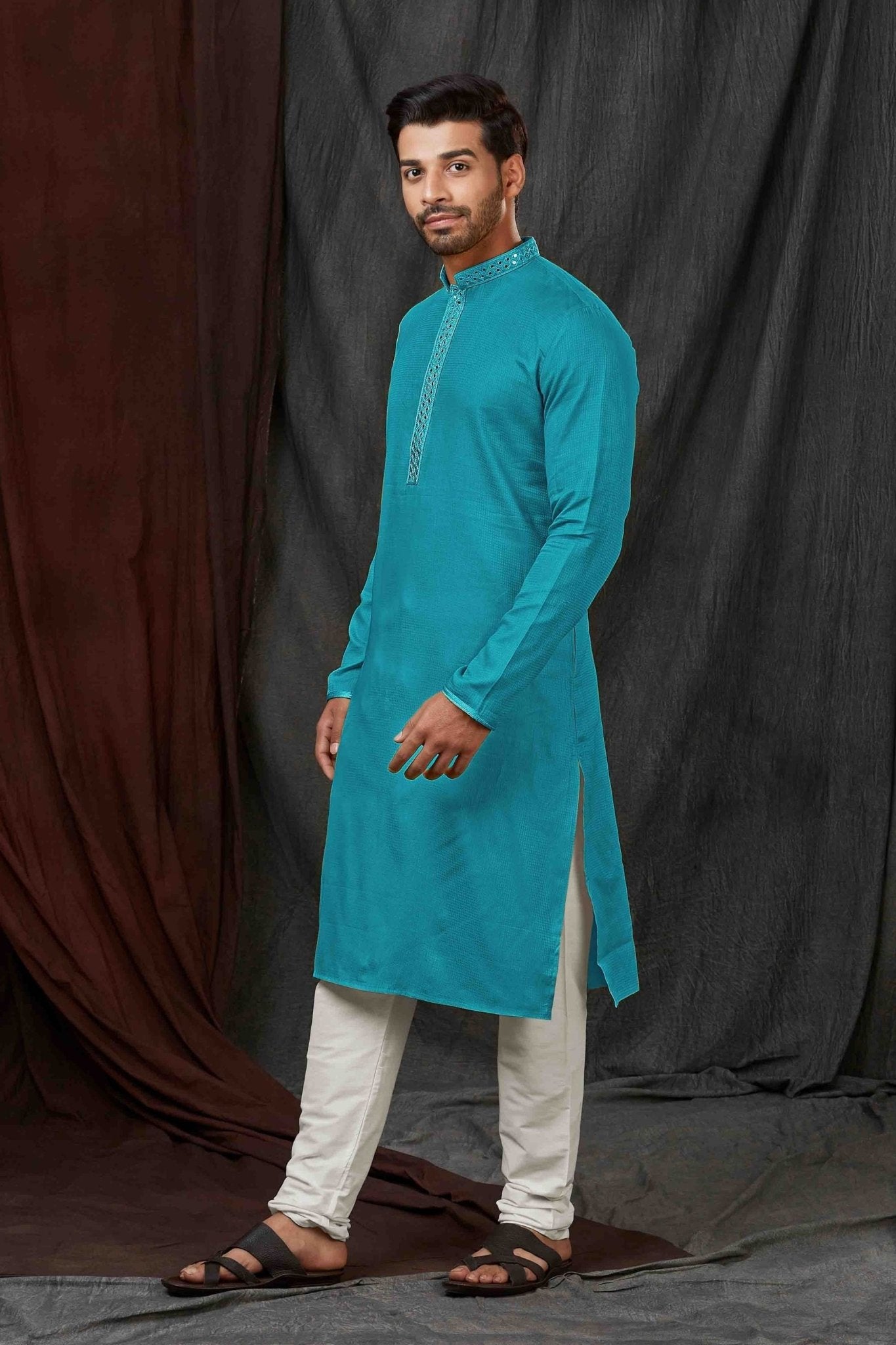 Teal Blue Textured Cotton Kurta for Men with Off - White Pyjama - Mangaldeep NX
