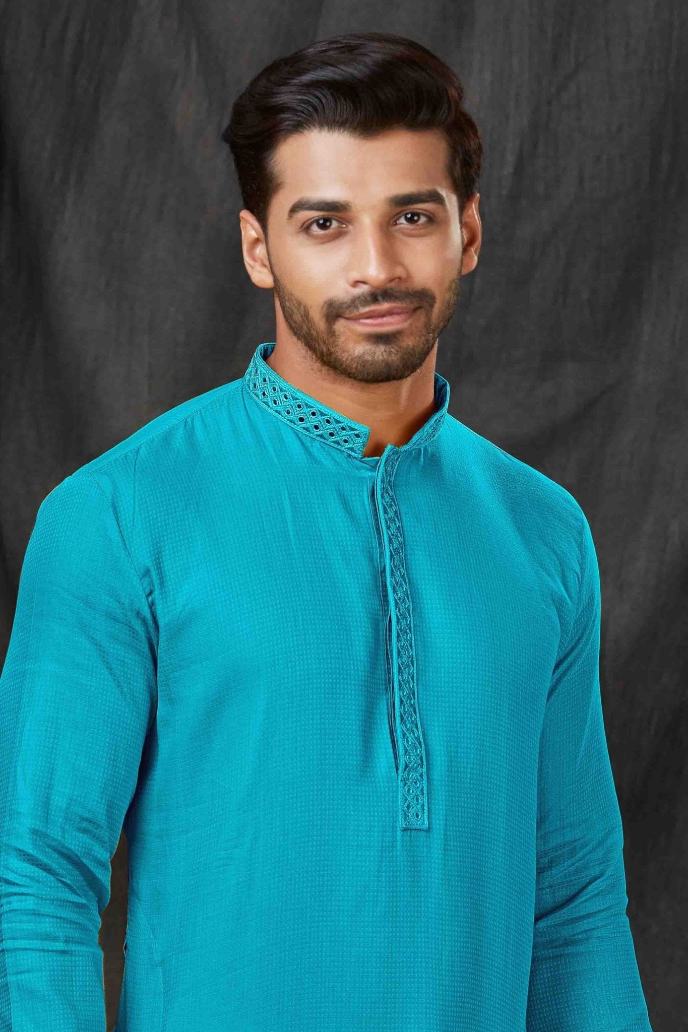 Teal Blue Textured Cotton Kurta for Men with Off - White Pyjama - Mangaldeep NX