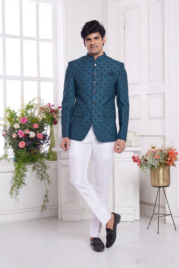 Teal Blue Textured Indo Western Suit for Men with White Trousers - Mangaldeep NX