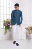 Teal Blue Textured Indo Western Suit for Men with White Trousers - Mangaldeep NX