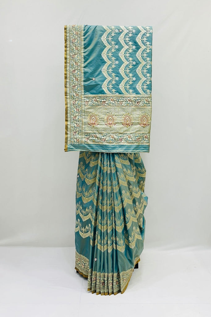 Teal Cyan green Silk Saree with Antique Gold Thread Embroidery - Mangaldeep NX