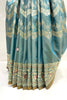 Teal Cyan green Silk Saree with Antique Gold Thread Embroidery - Mangaldeep NX