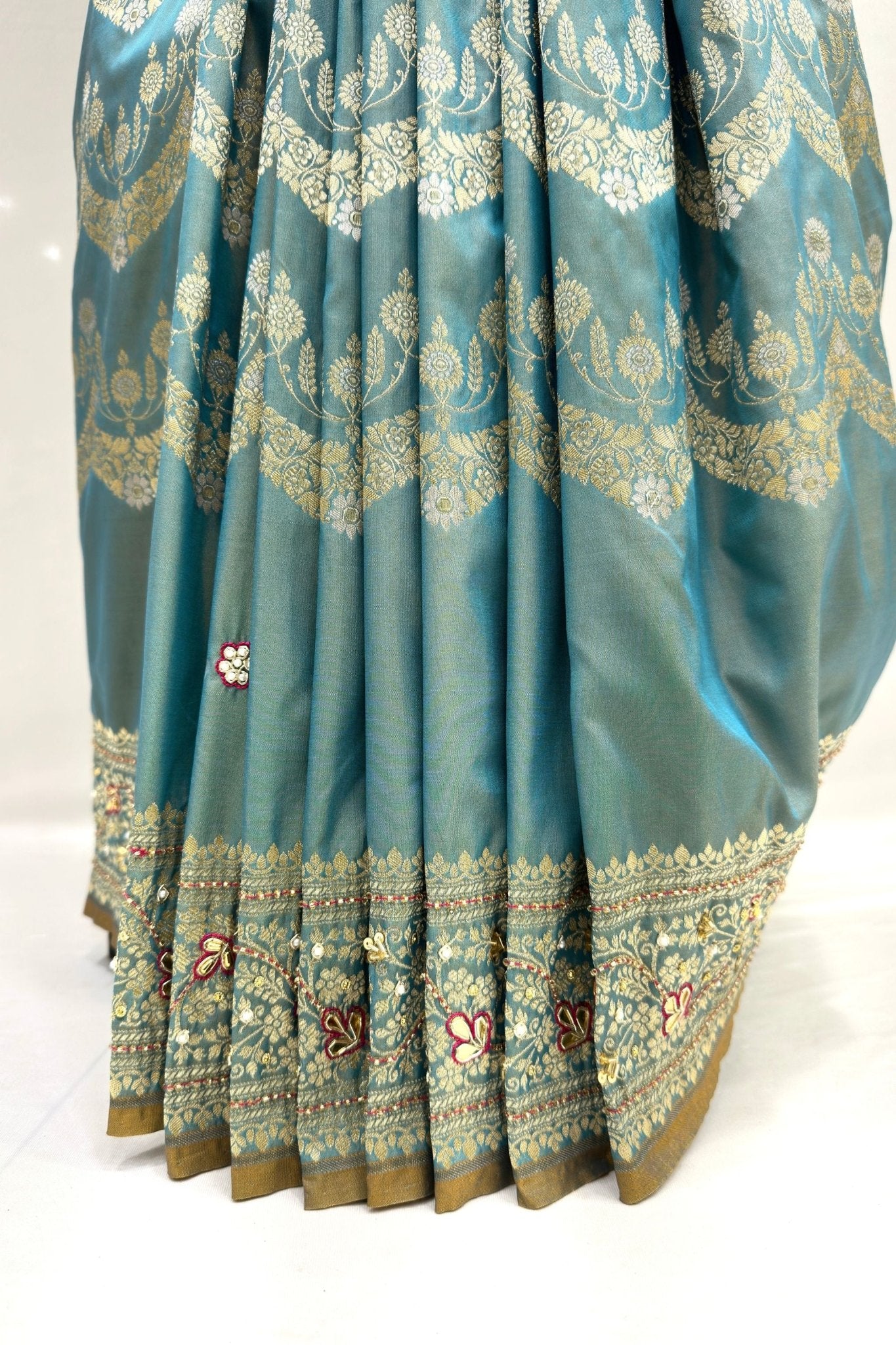 Teal Cyan green Silk Saree with Antique Gold Thread Embroidery - Mangaldeep NX