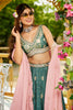 Teal Green Chiffon Embroidered Lehenga Choli with Floral Sequin Work and Pink Dupatta - Mangaldeep NX