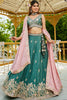 Teal Green Chiffon Embroidered Lehenga Choli with Floral Sequin Work and Pink Dupatta - Mangaldeep NX