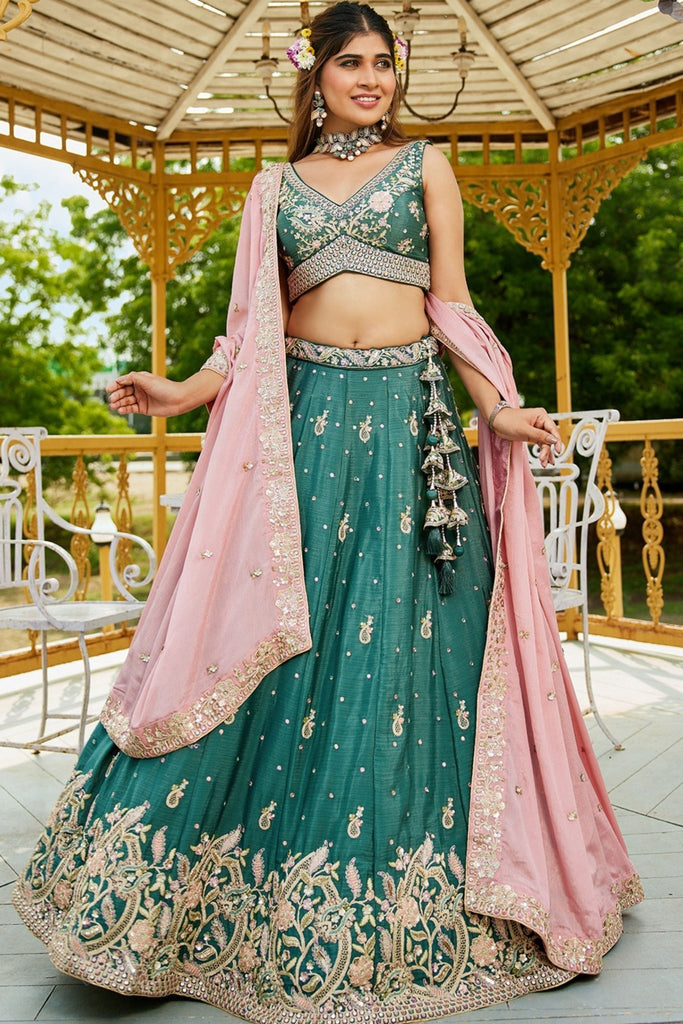 Teal Green Chiffon Embroidered Lehenga Choli with Floral Sequin Work and Pink Dupatta - Mangaldeep NX
