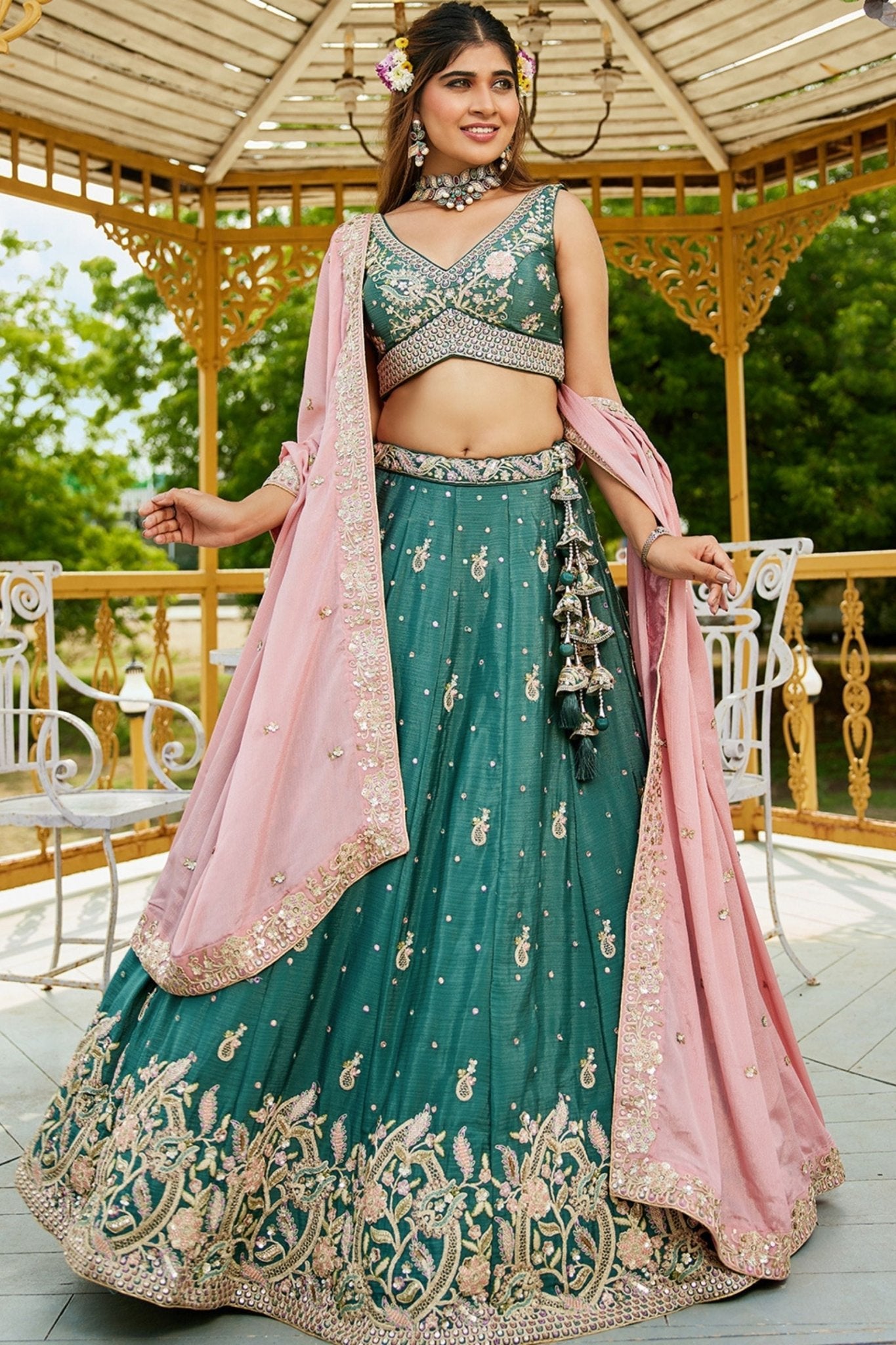 Teal Green Chiffon Embroidered Lehenga Choli with Floral Sequin Work and Pink Dupatta - Mangaldeep NX